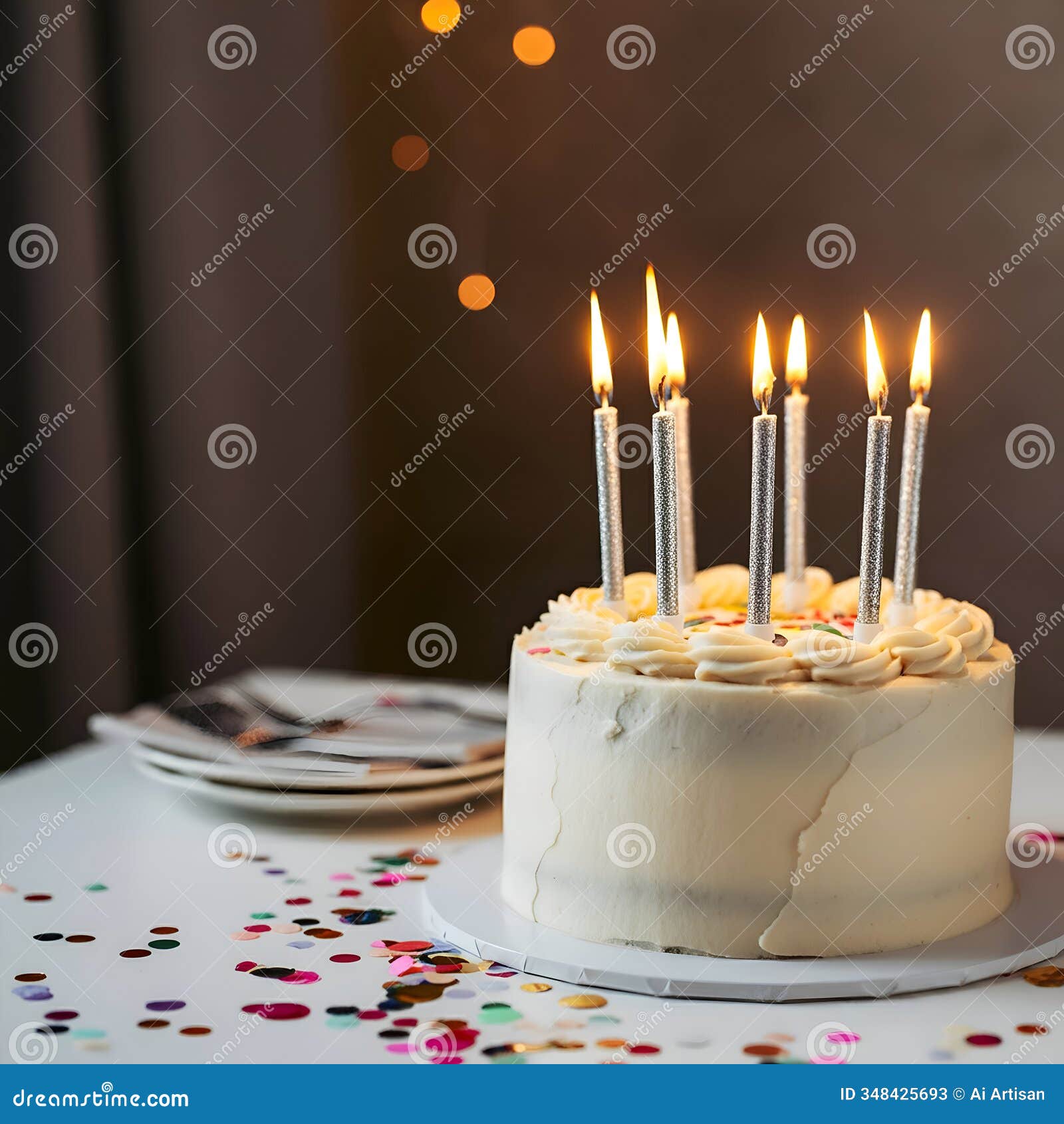 ai white cake with silver candles on a table covered in colorful confetti