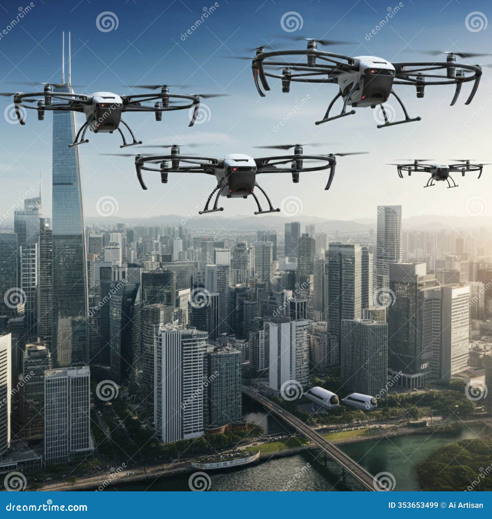 ai-generated image: four drones flying over city skyline