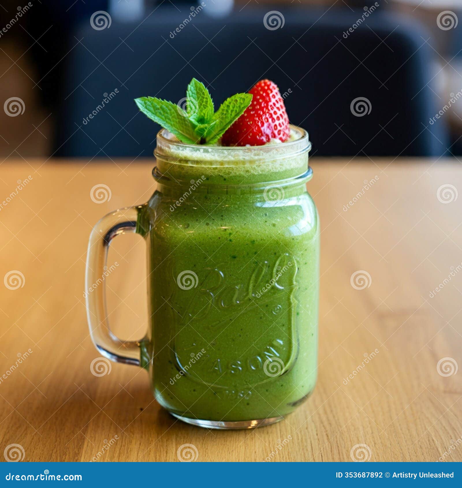 ai generated image of green smoothie in mason jar with strawberry and mint
