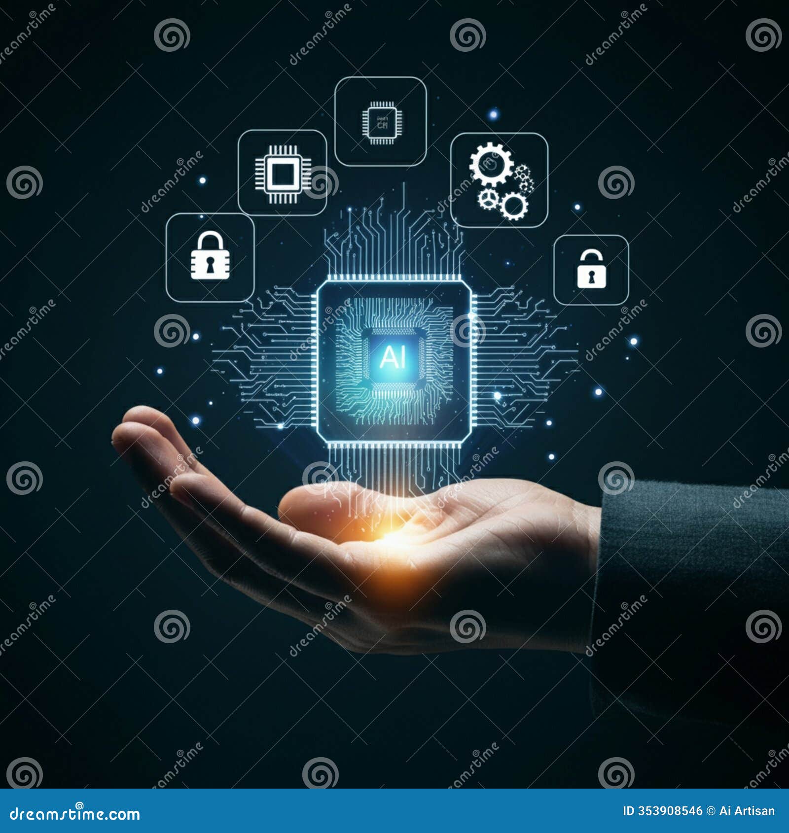 ai-generated image of hand holding glowing ai chip surrounded by tech icons