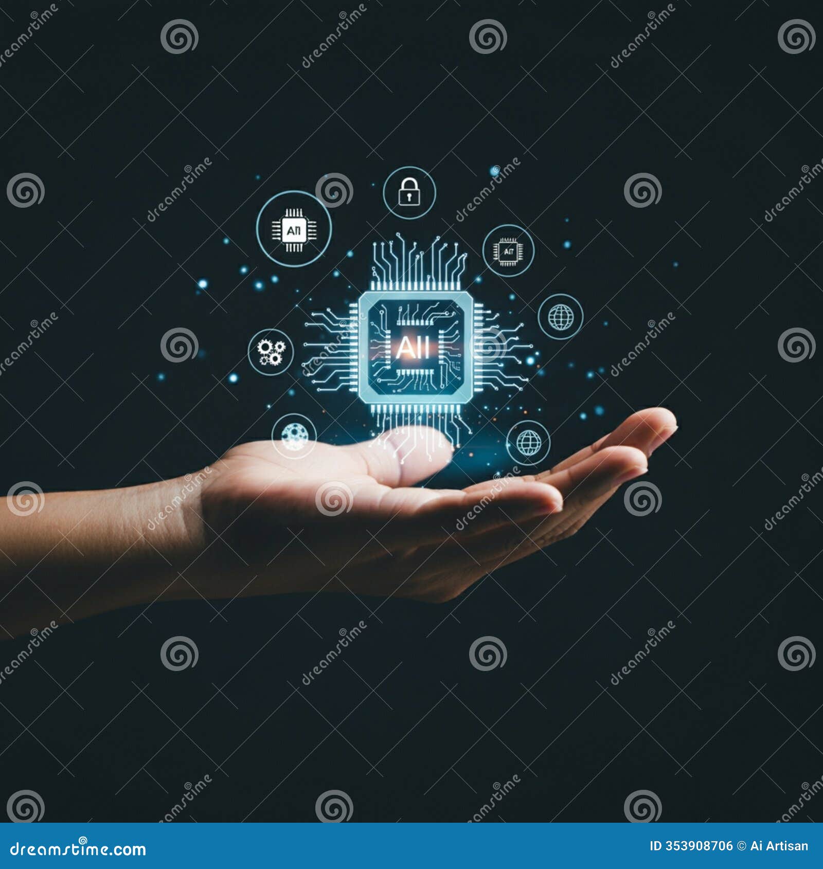ai-generated image of hand holding glowing circuit board with 