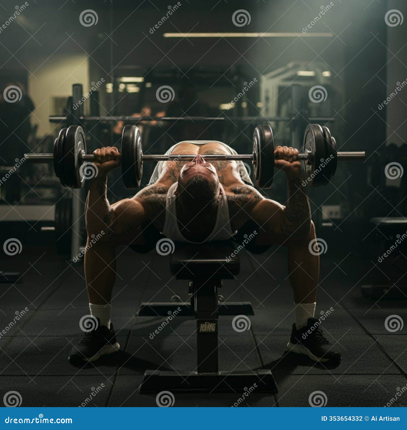 ai-generated image: man bench pressing barbell with weights in dark gym