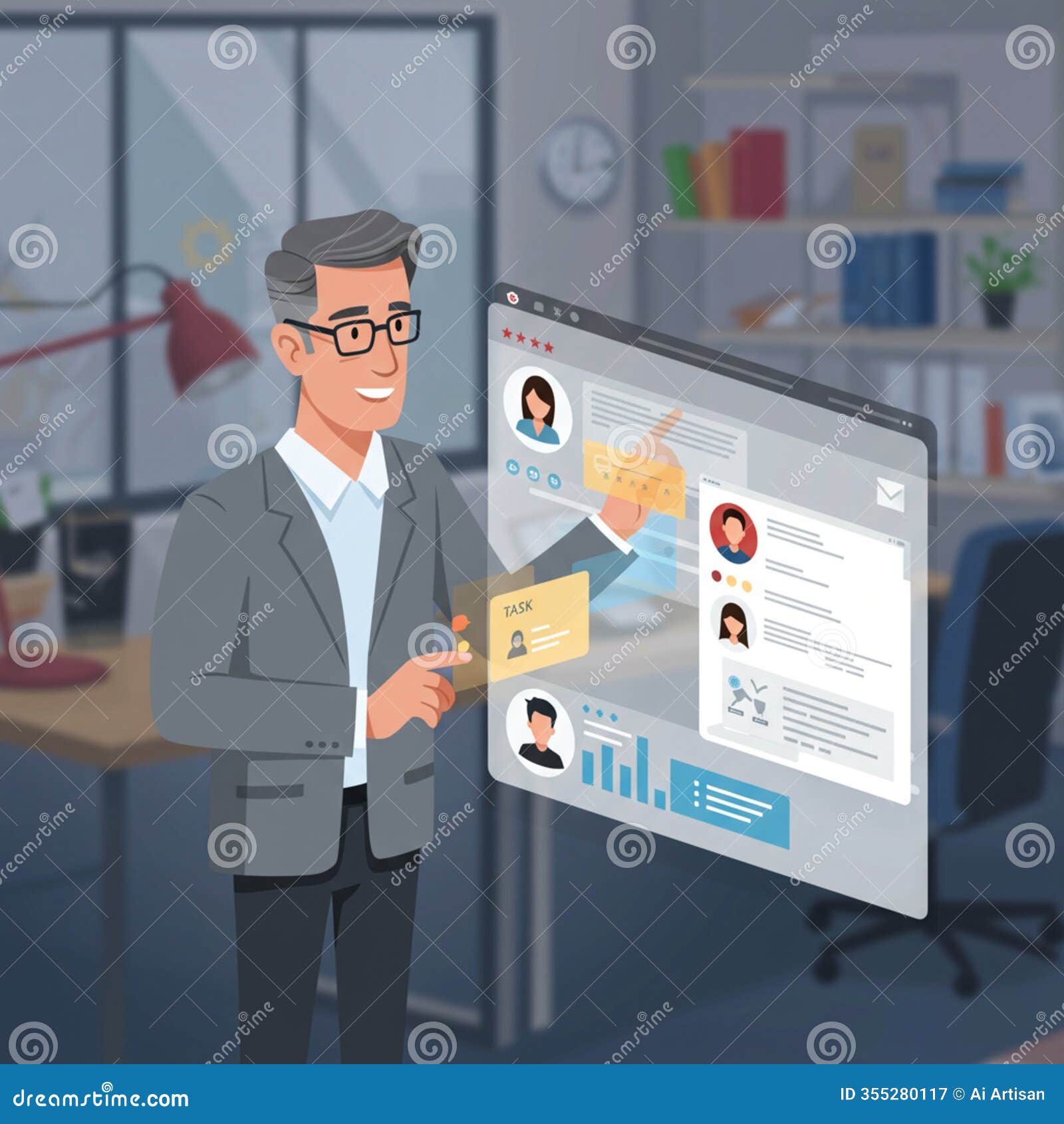 ai-generated image of a man in gray suit interacting with a display featuring task card and social media profiles
