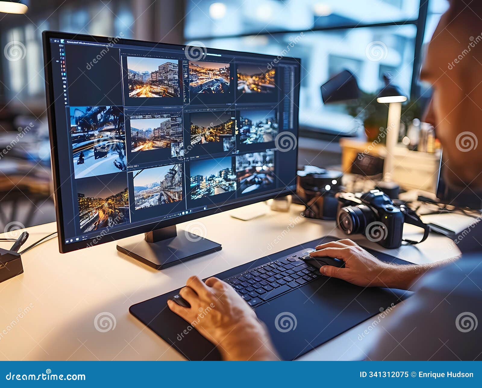 AIGenerated Image of a Man is Working on a Computer with a Monitor