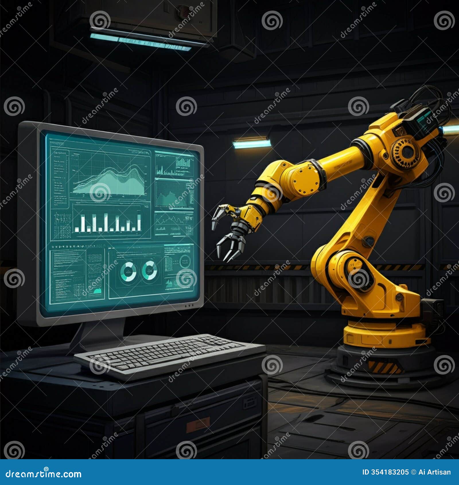 ai-generated image of monitor displaying graphs next to yellow robotic arm on factory floor