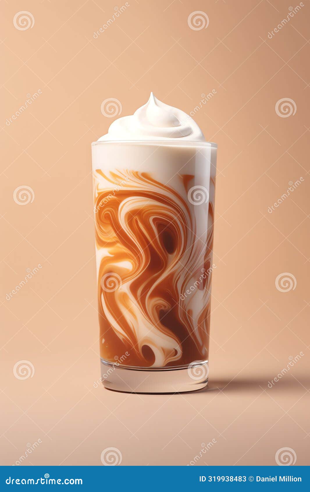 offee swirls in a frosty glass ad with copy space on beige background