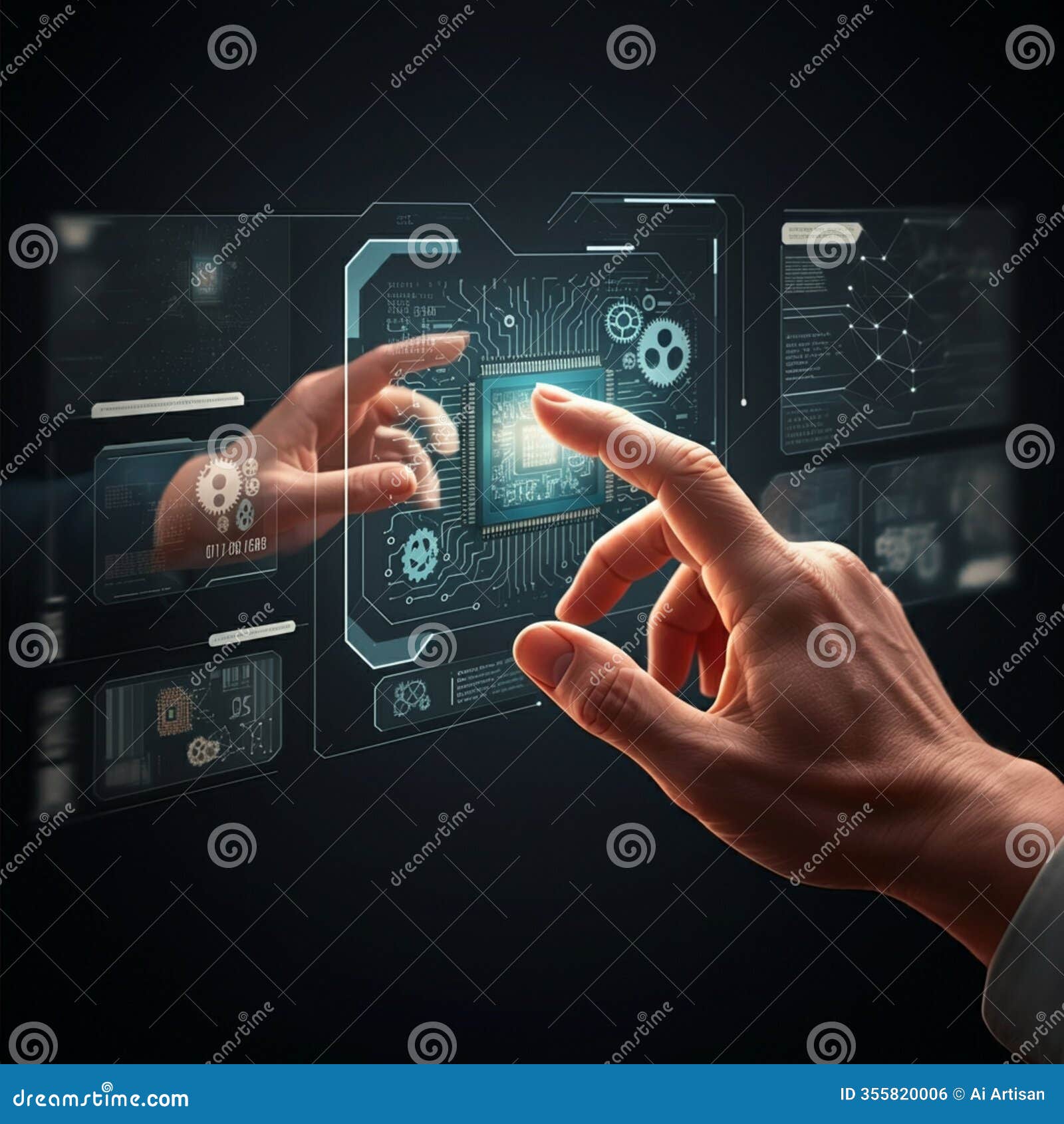 ai-generated image: person interacting with glowing futuristic interface and circuit board