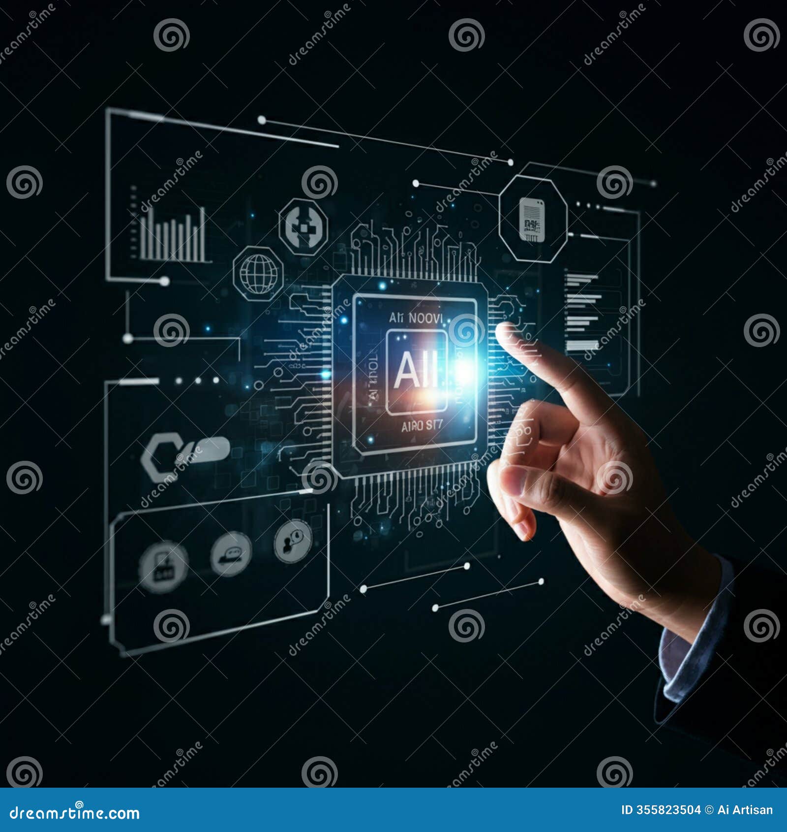 ai-generated image: person interacting with glowing futuristic interface and circuit board