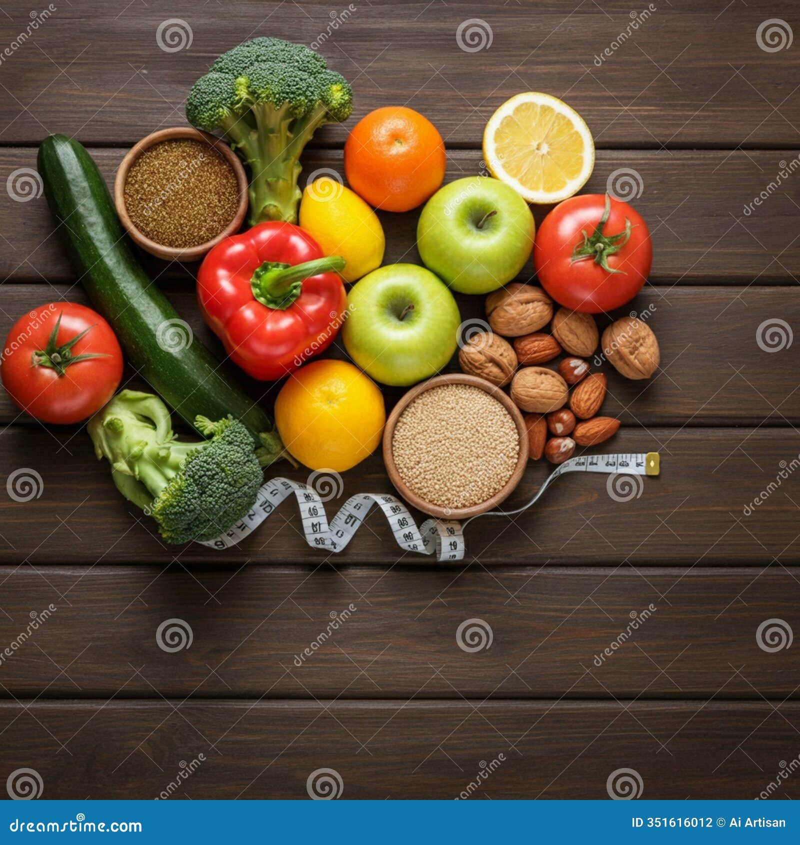 ai-generated colorful produce with seeds, nuts, and measuring tape