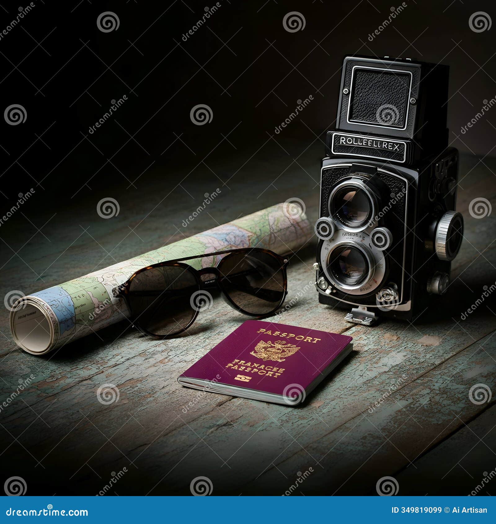 ai-generated rolled map, sunglasses, passport, and vintage camera on a wooden surface