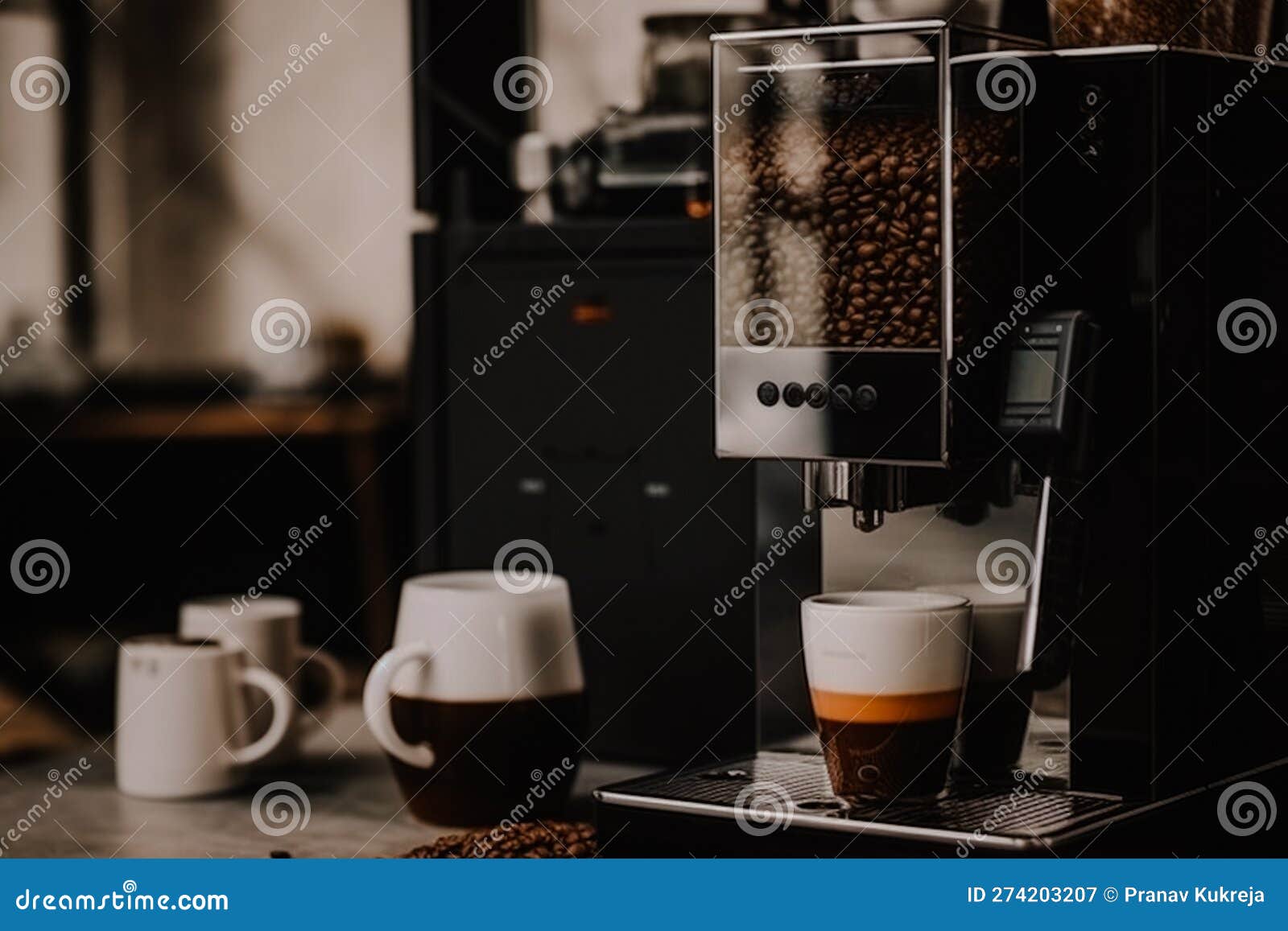 AI Generated Image of a Retro Coffee Machine with Beans Spilling. Stock