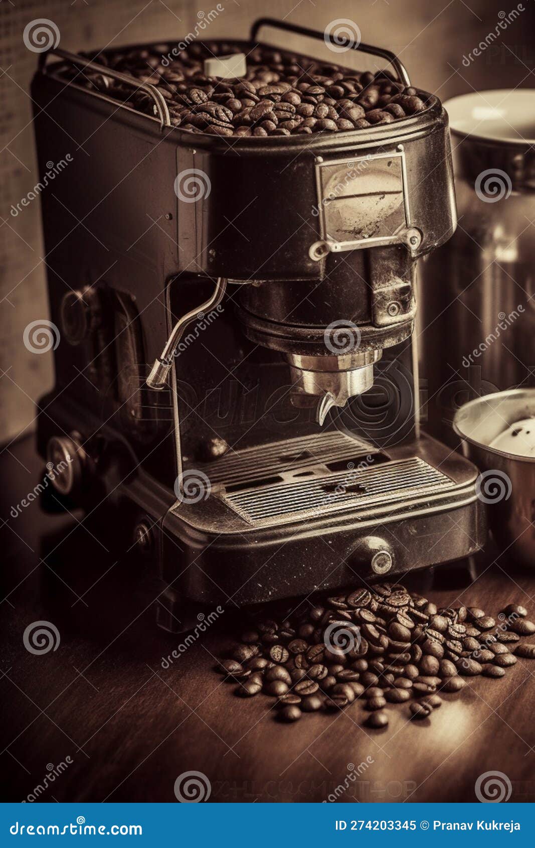 AI Generated Image of a Retro Coffee Machine with Beans Spilling. Stock