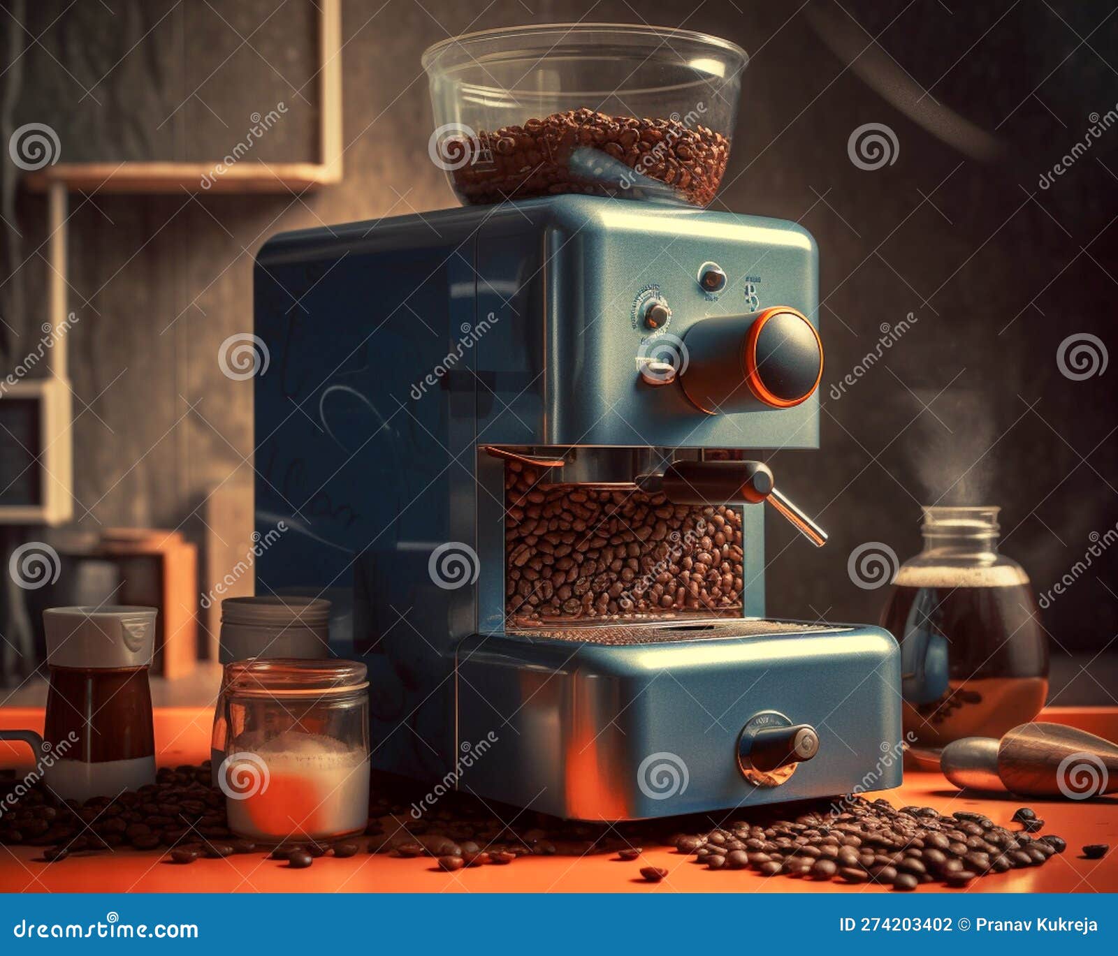 AI Generated Image of a Retro Coffee Machine with Beans Spilling. Stock