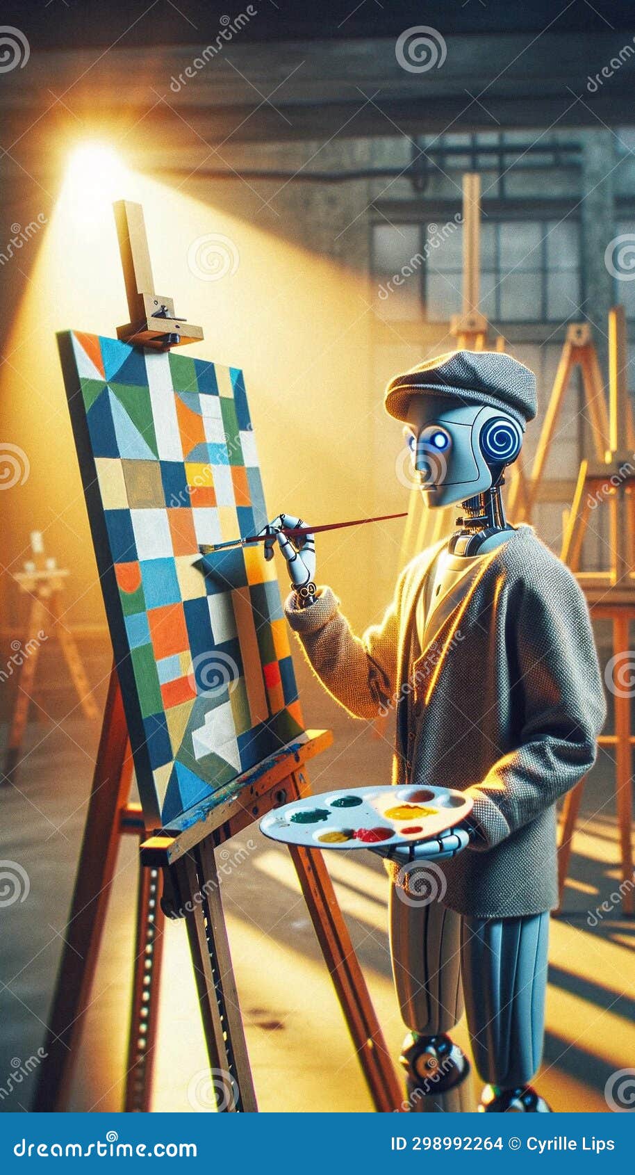 AIGenerated Image Robot AI Painting a Canvas Stock Illustration