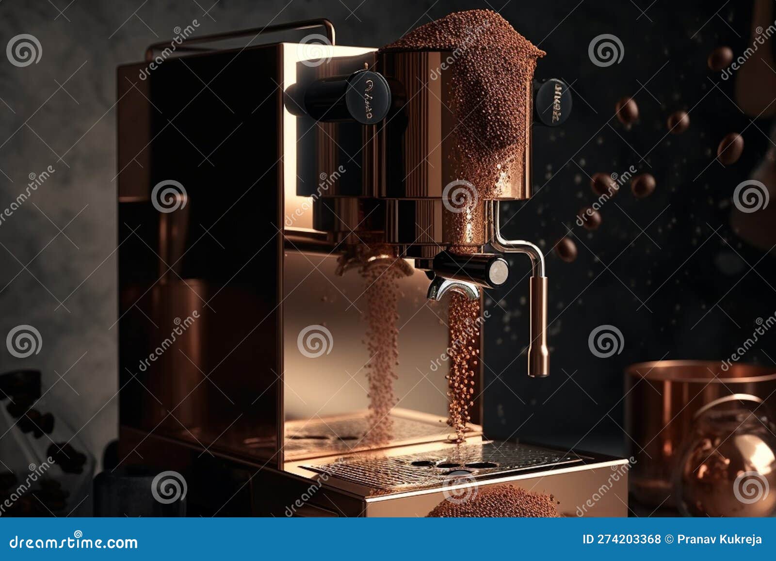 AI Generated Image of a Retro Coffee Machine with Beans Spilling. Stock