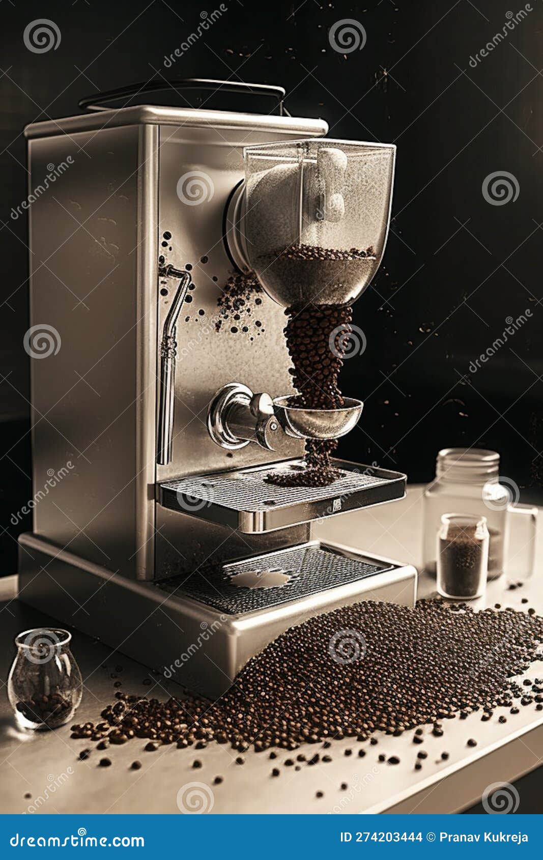 AI Generated Image of a Retro Coffee Machine with Beans Spilling. Stock
