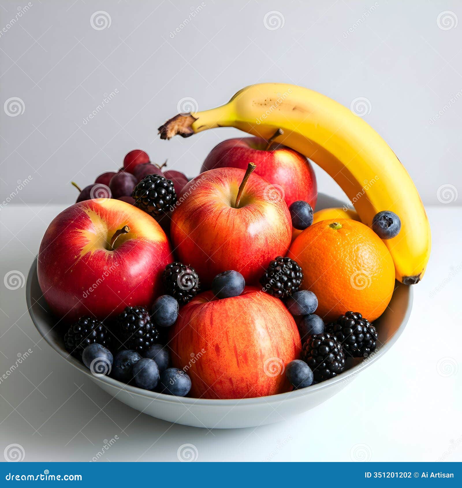 ai generated: bowl of apples, bananas, oranges, grapes, blueberries, and blackberries