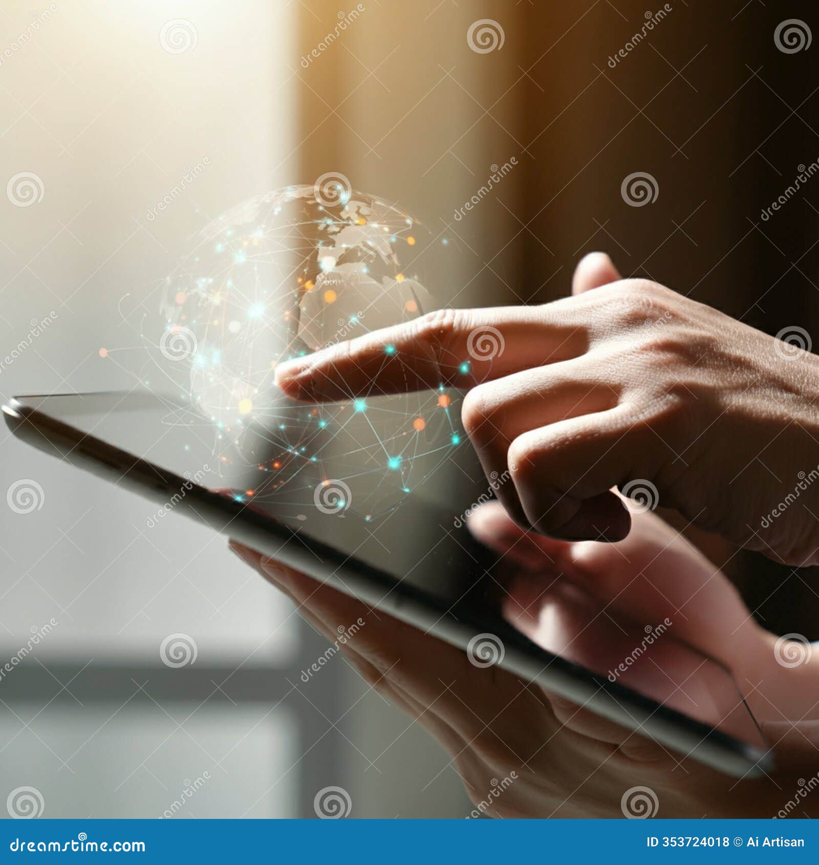 ai generated image of a person's hands interacting with a tablet and holographic, interconnected globe
