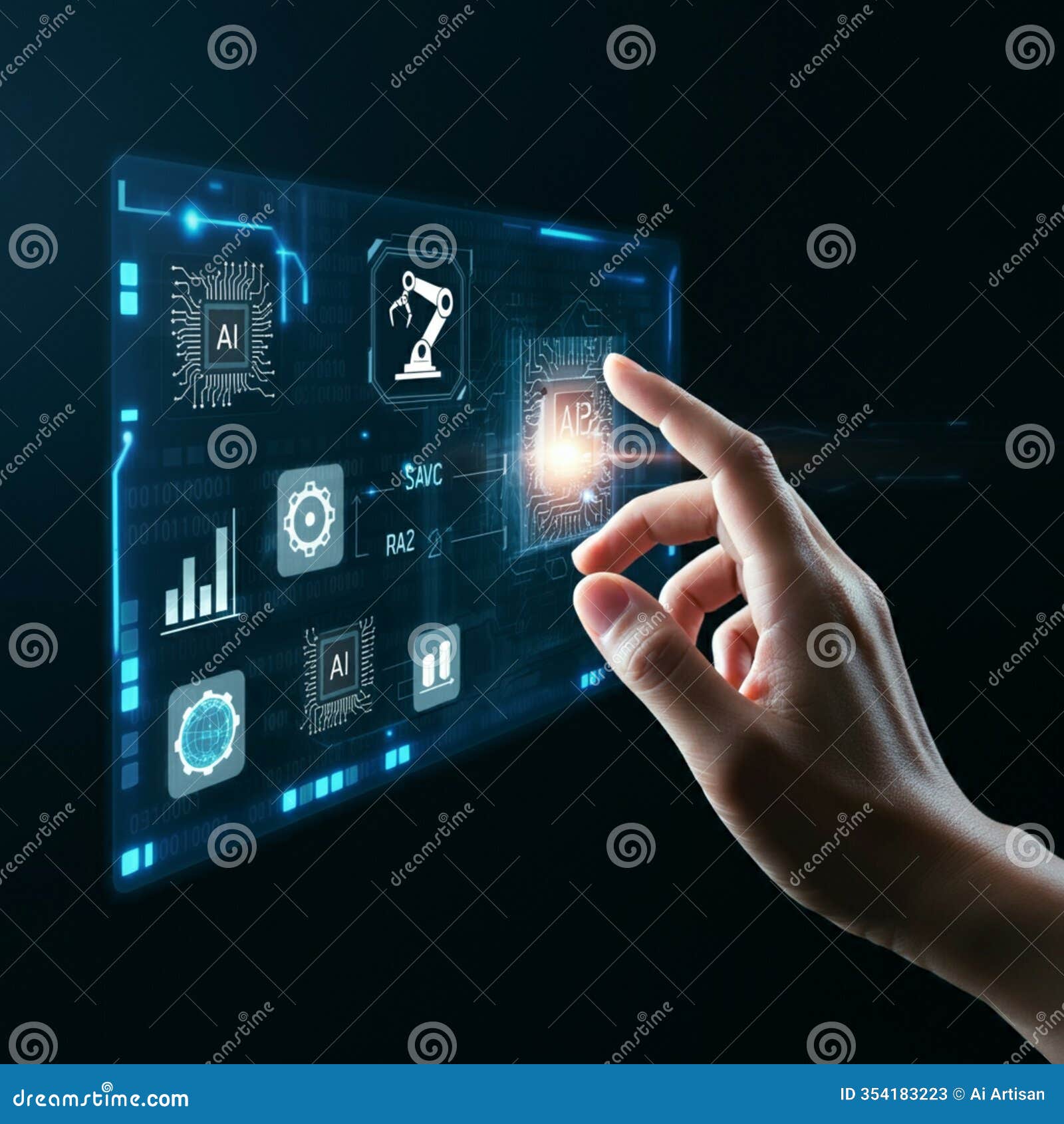 ai-generated image of hand tapping ai chip surrounded by icons