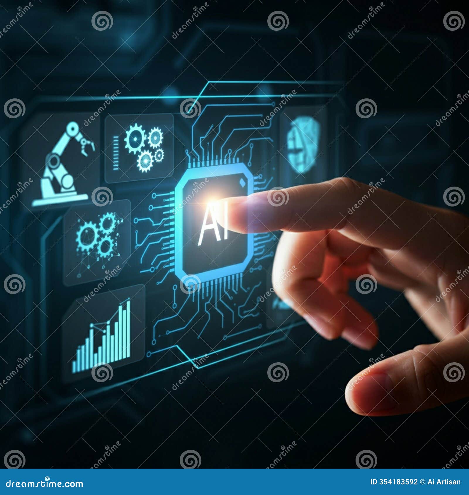 ai-generated image of hand tapping ai chip surrounded by icons
