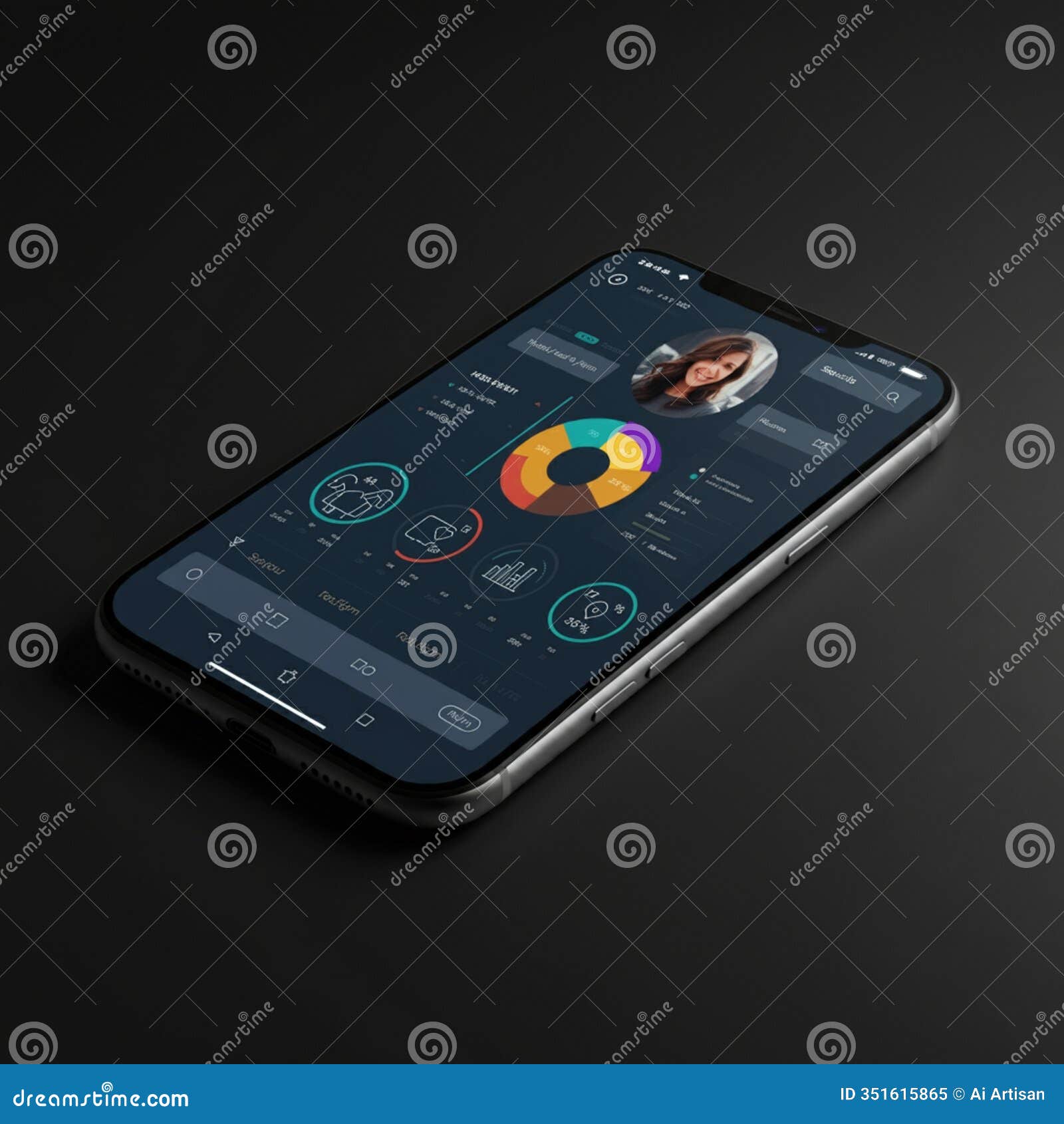 ai-generated top view of cell phone with colorful charts and user profile