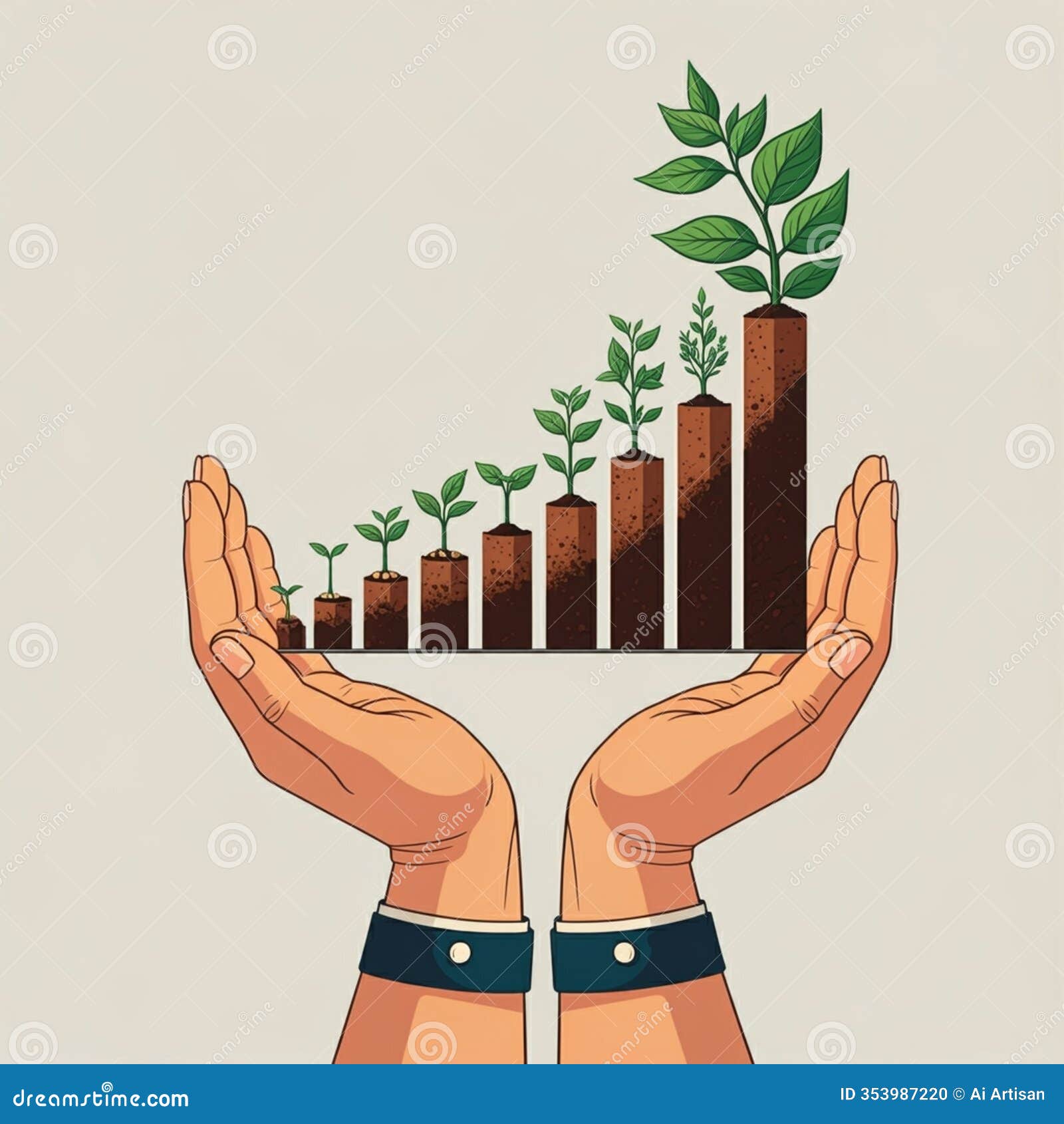 ai-generated image of hands supporting plants with growth line graph