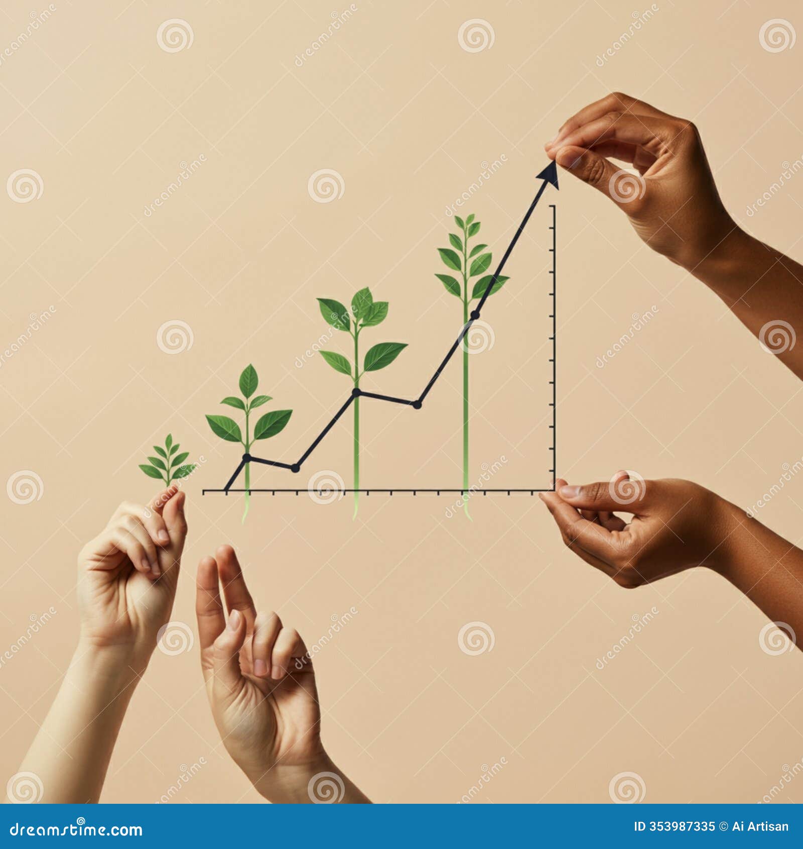 ai-generated image of hands supporting plants with growth line graph