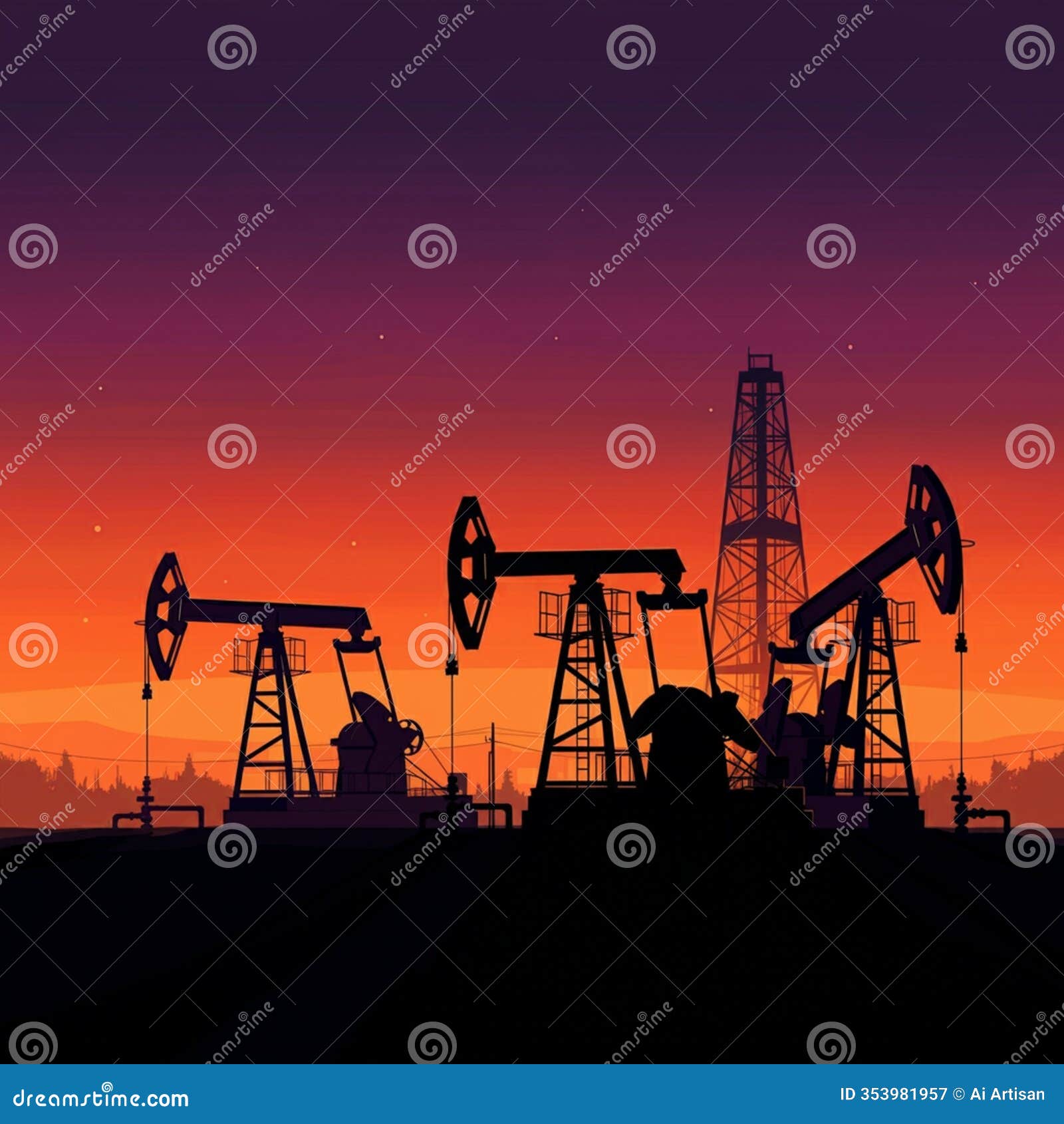 ai-generated image of silhouetted oil rig and pump jacks against vibrant sunset sky