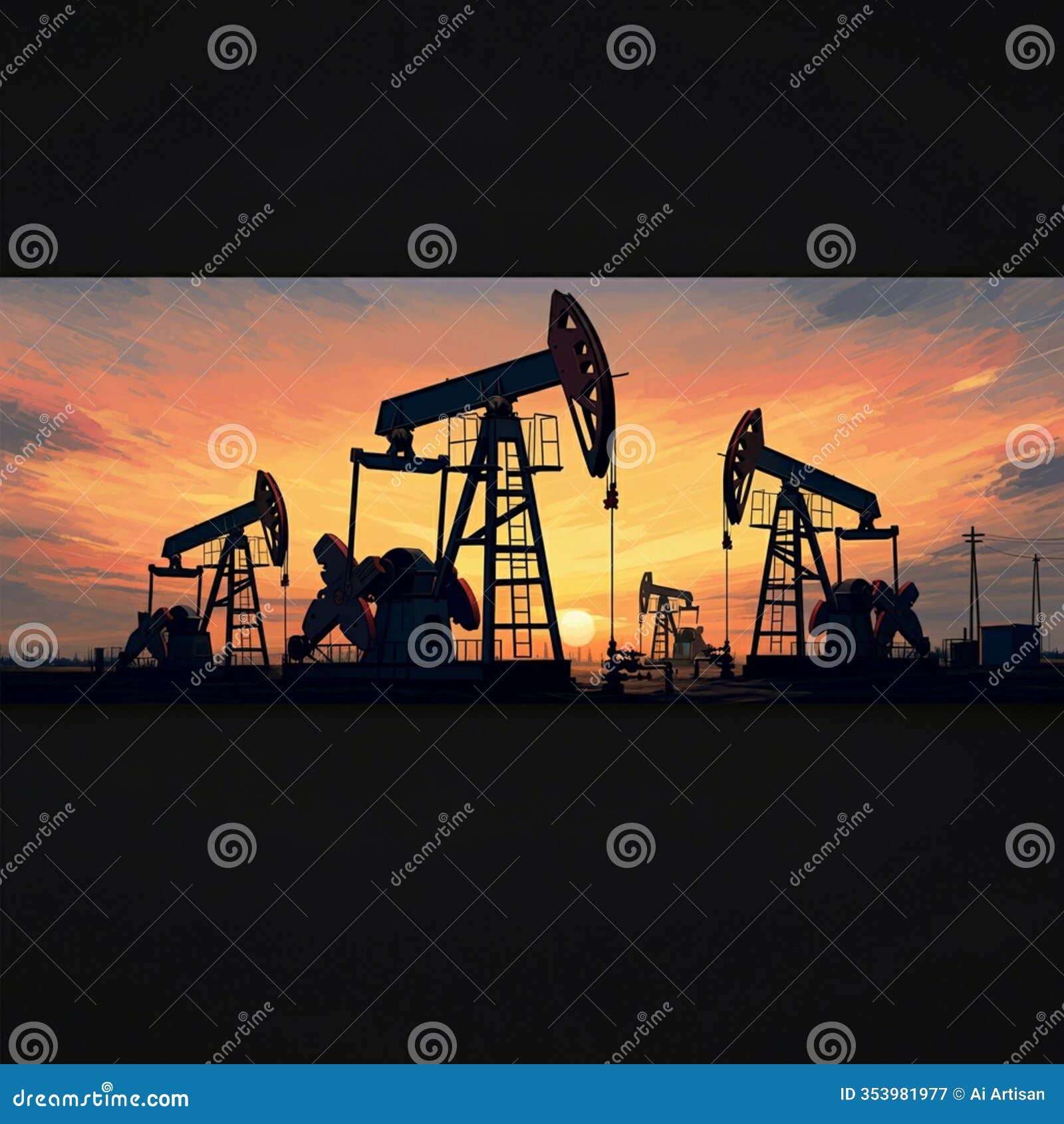 ai-generated image of silhouetted oil rig and pump jacks against vibrant sunset sky
