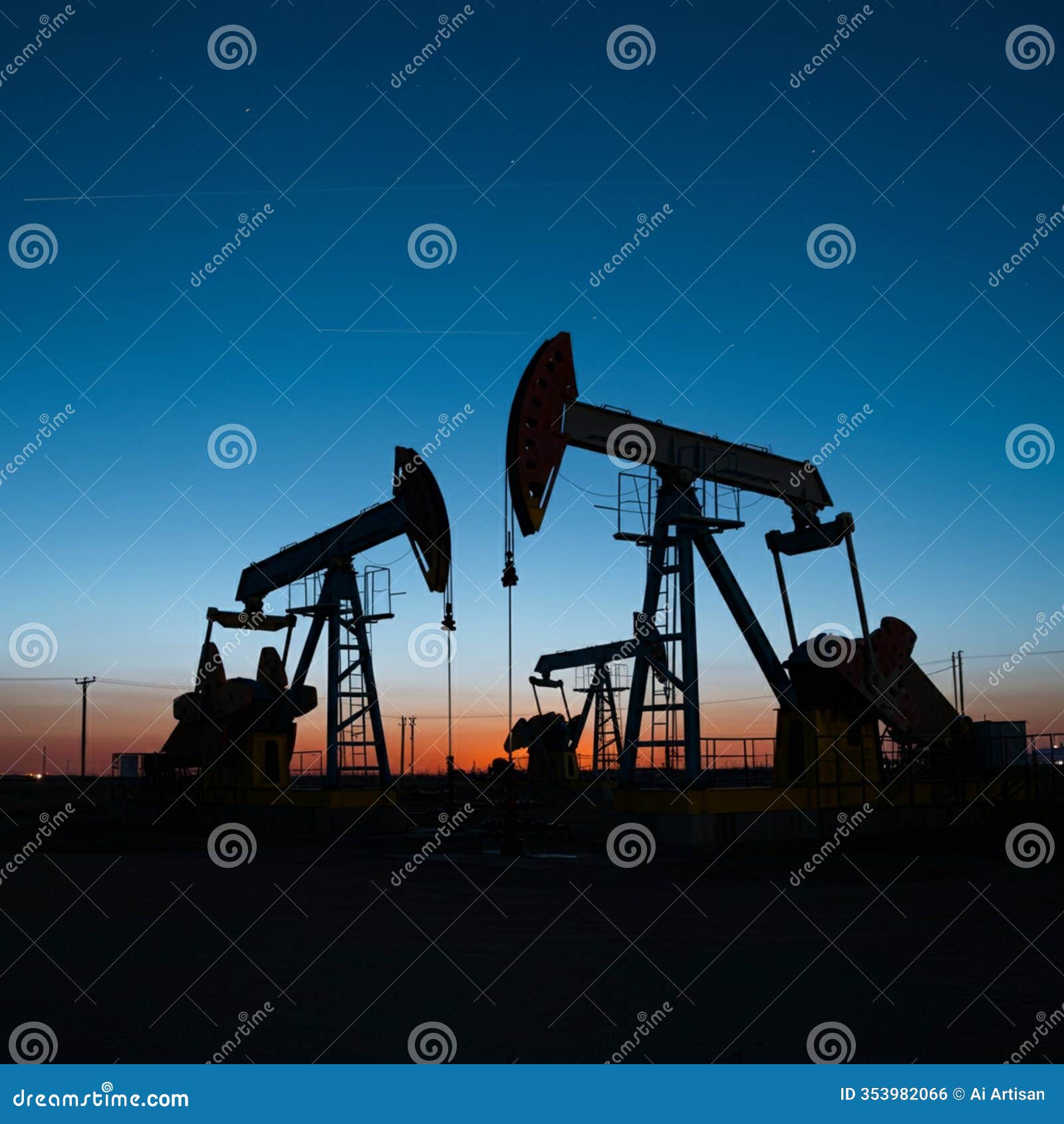 ai-generated image of silhouetted oil rig and pump jacks against vibrant sunset sky