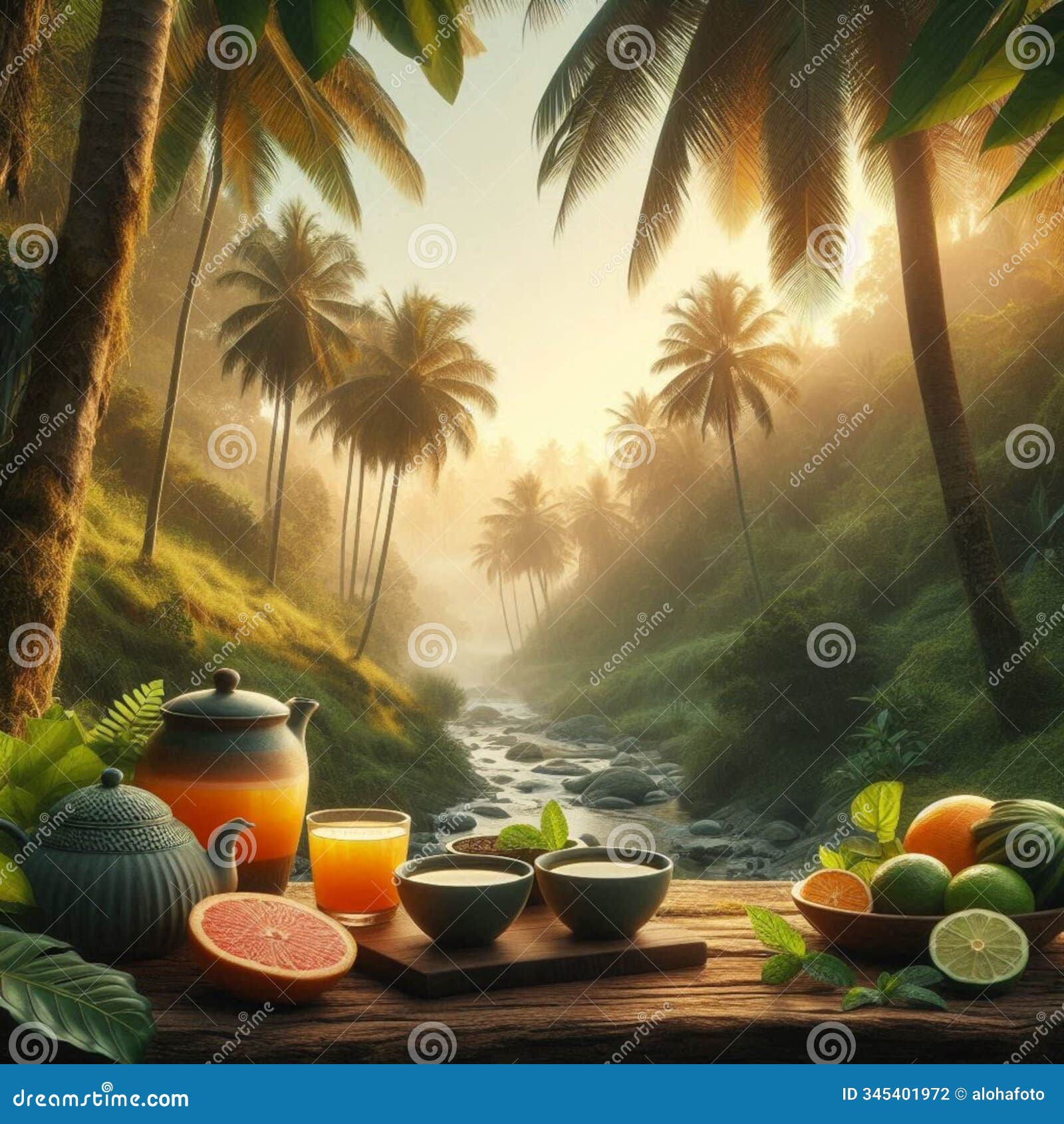 ai generated image: teacup, retro style, fresh tea, organic lemon tea, river, sun, birds, rain clouds, hill, palm tree