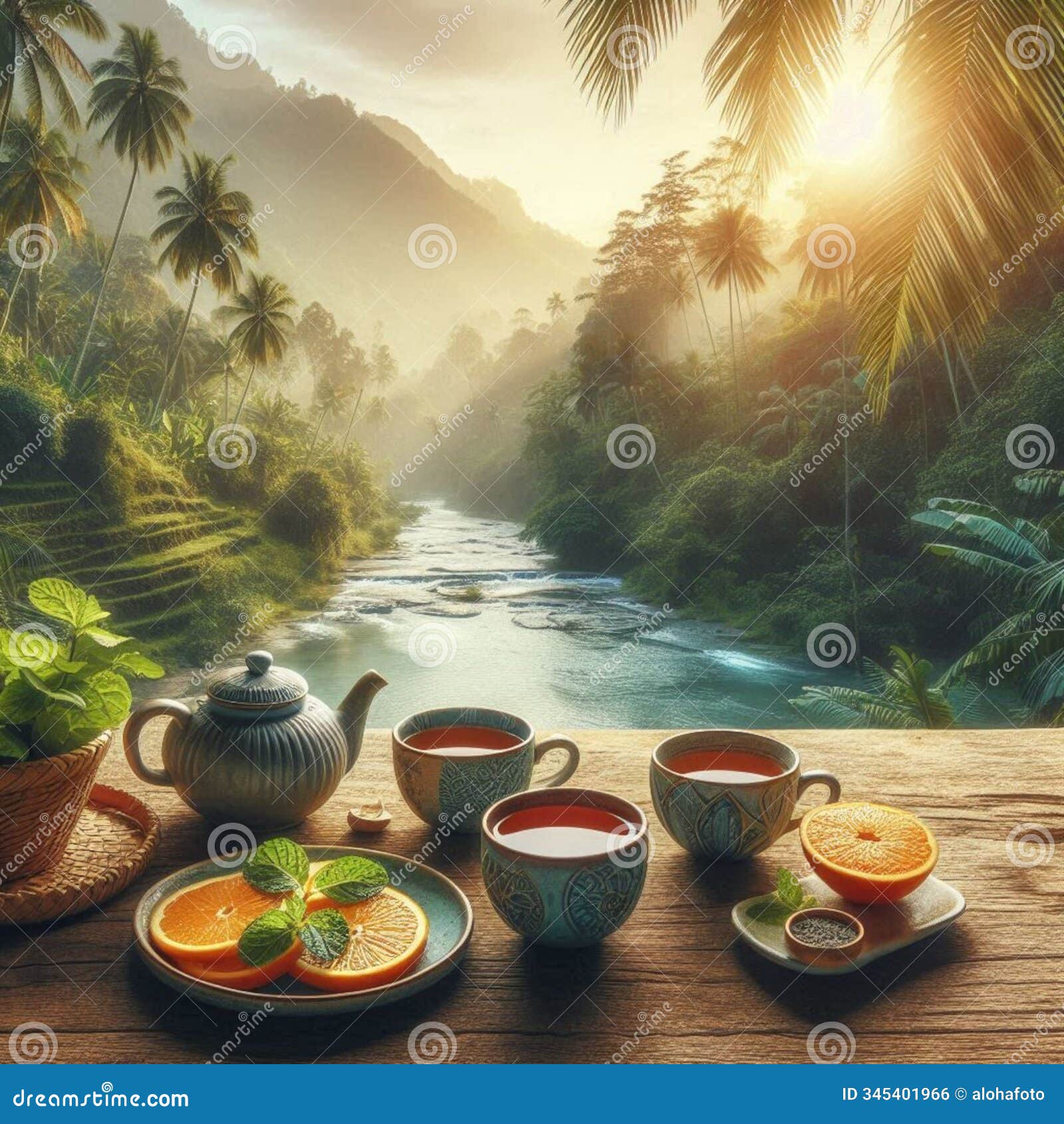 ai generated image: teacup, retro style, fresh tea, organic oranges, lemon tea, river, sun, birds, rain clouds, hill, palm tree