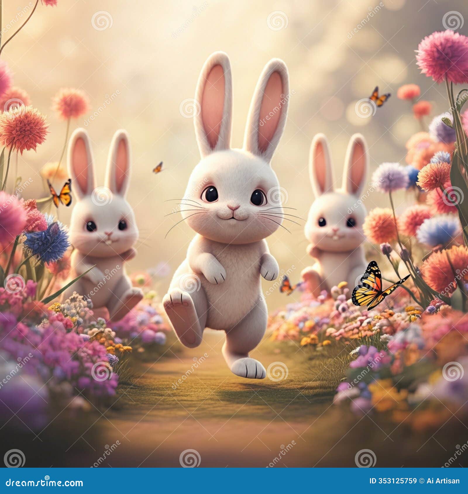 ai-generated image of three fluffy bunnies in a cheerful meadow with wildflowers and butterflies