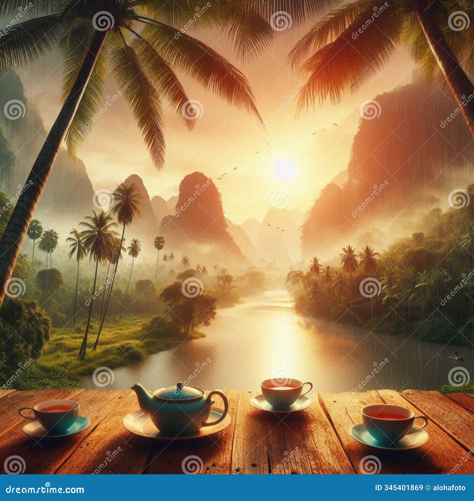 ai generated image: teacup, retro comic, three fresh teas, organic lemon tea, river, sun, birds, rain clouds, hill, palm tree