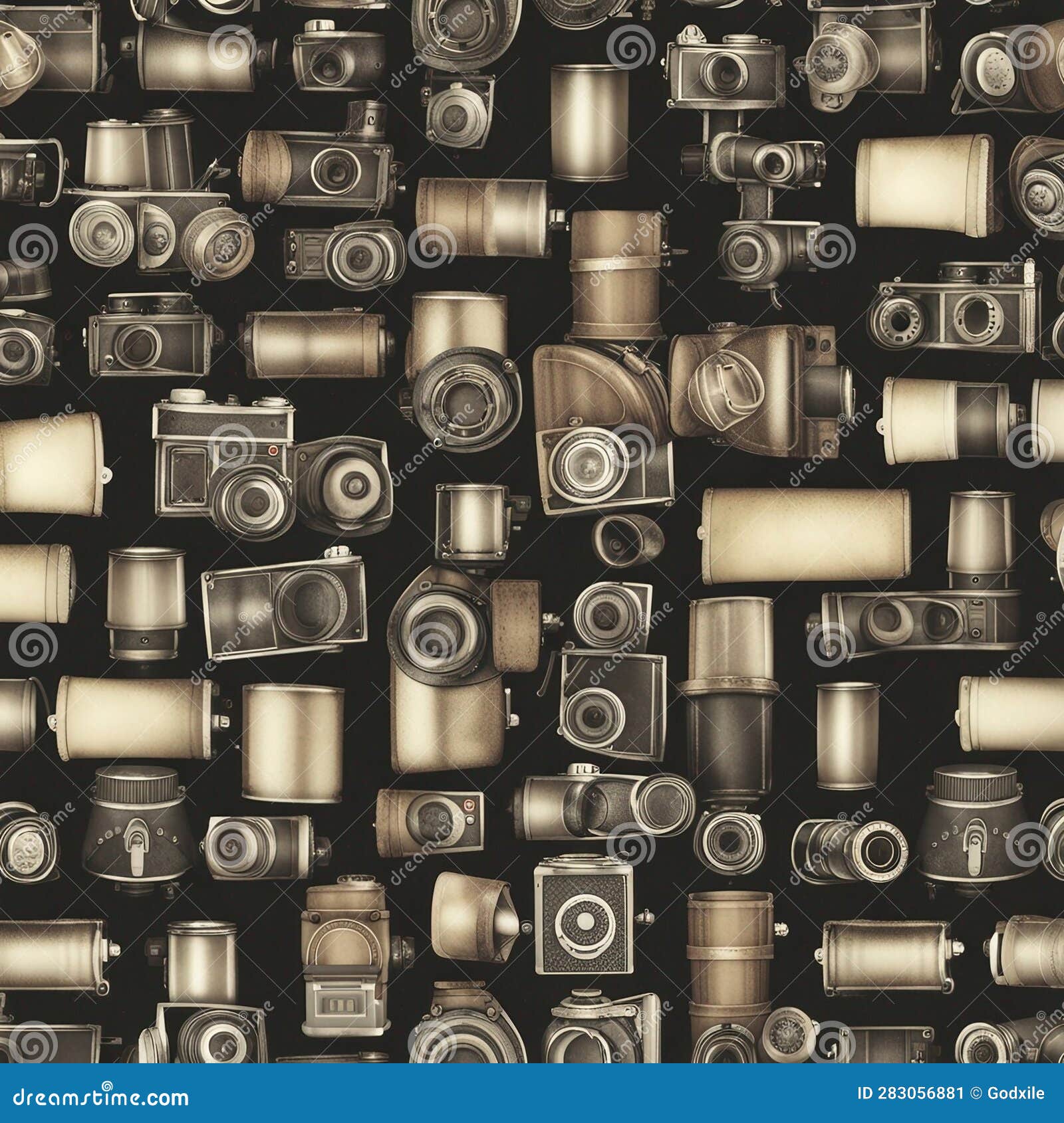 various types of cameras stacked.