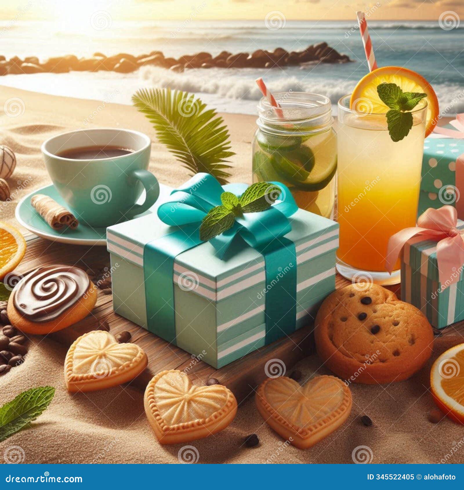 ai generated image: green teacup, present, coffee, cookies, organic orange, lemon, citrus, oranges, icetea on the beach