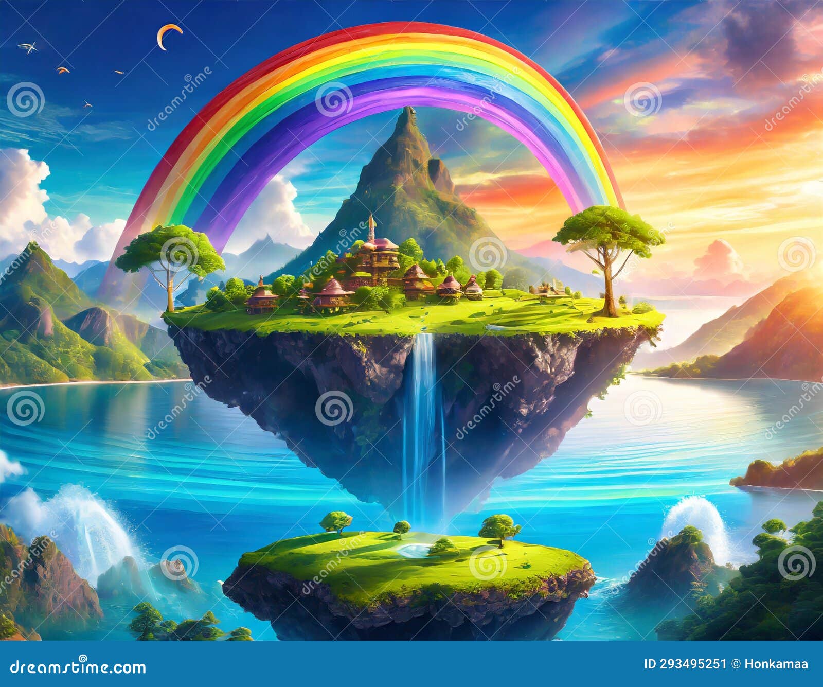 a magical rainbow world of floating islands