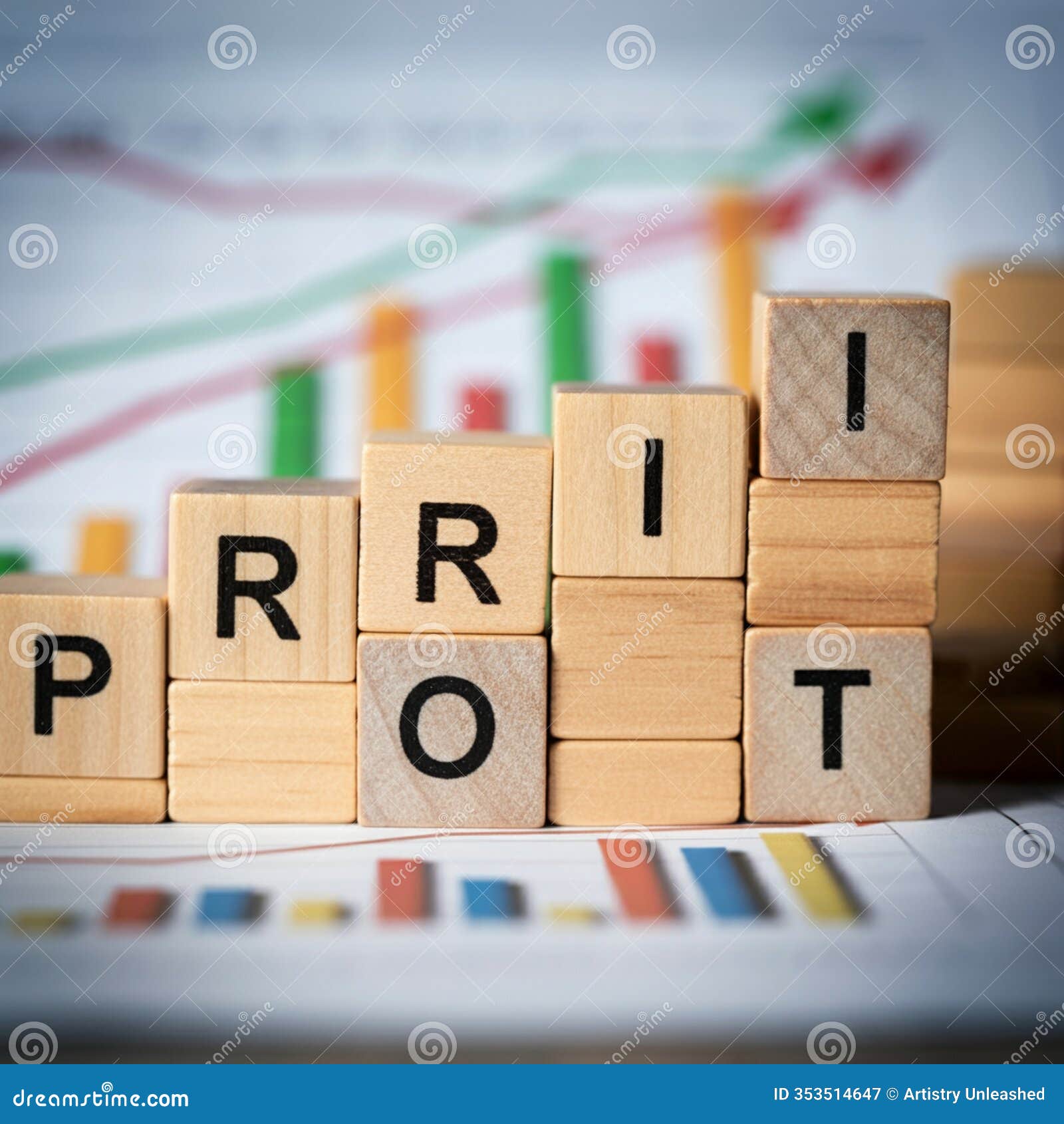 ai-generated image: wooden blocks spelling profit on a rising chart