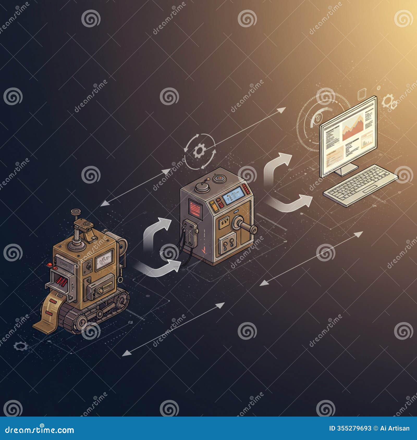 ai-generated isometric  of mechanical devices with data flow