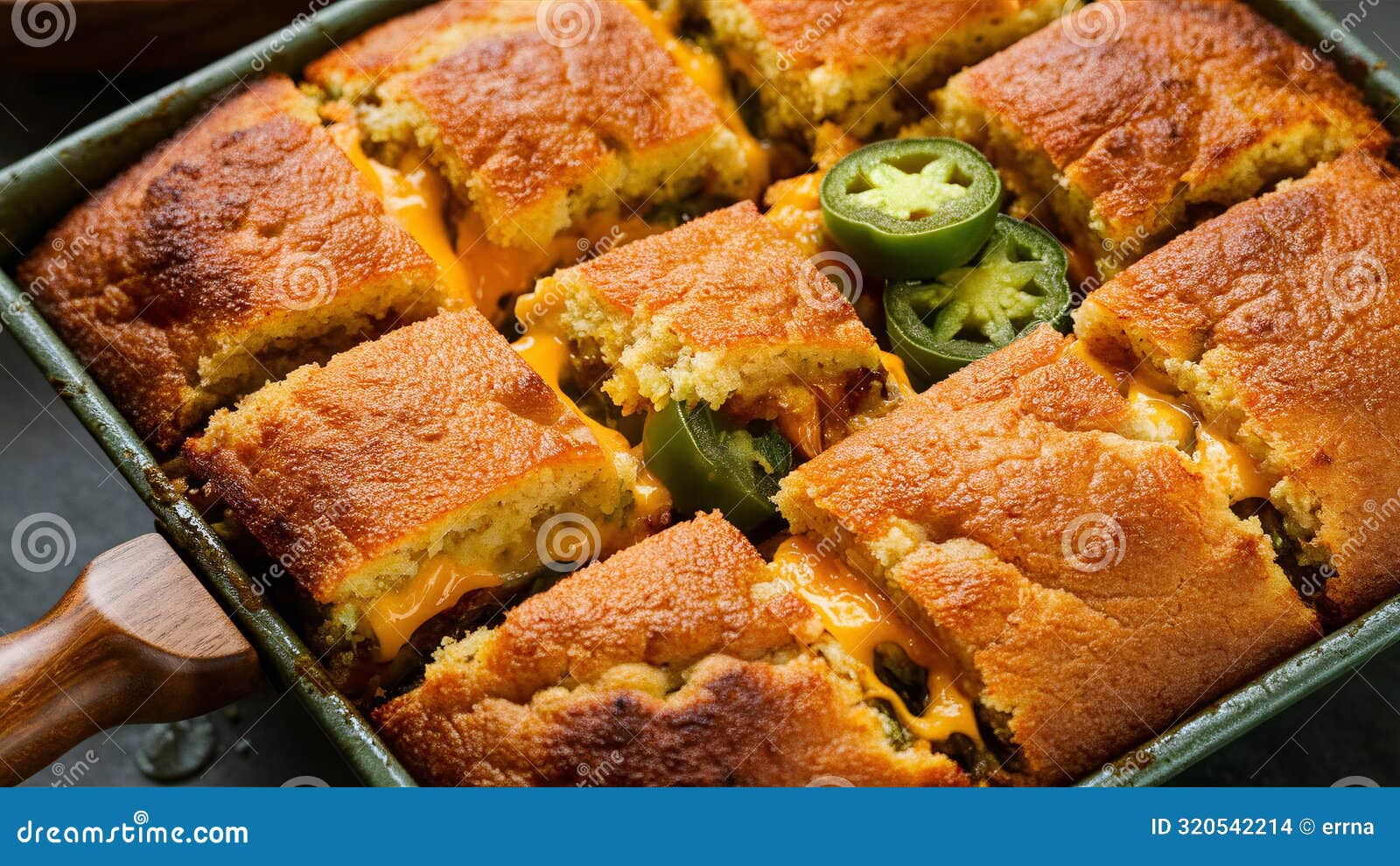 ai-generated, jalapeÃ±o and cheese cornbread, smoky, chili, mexican-style on the wood table