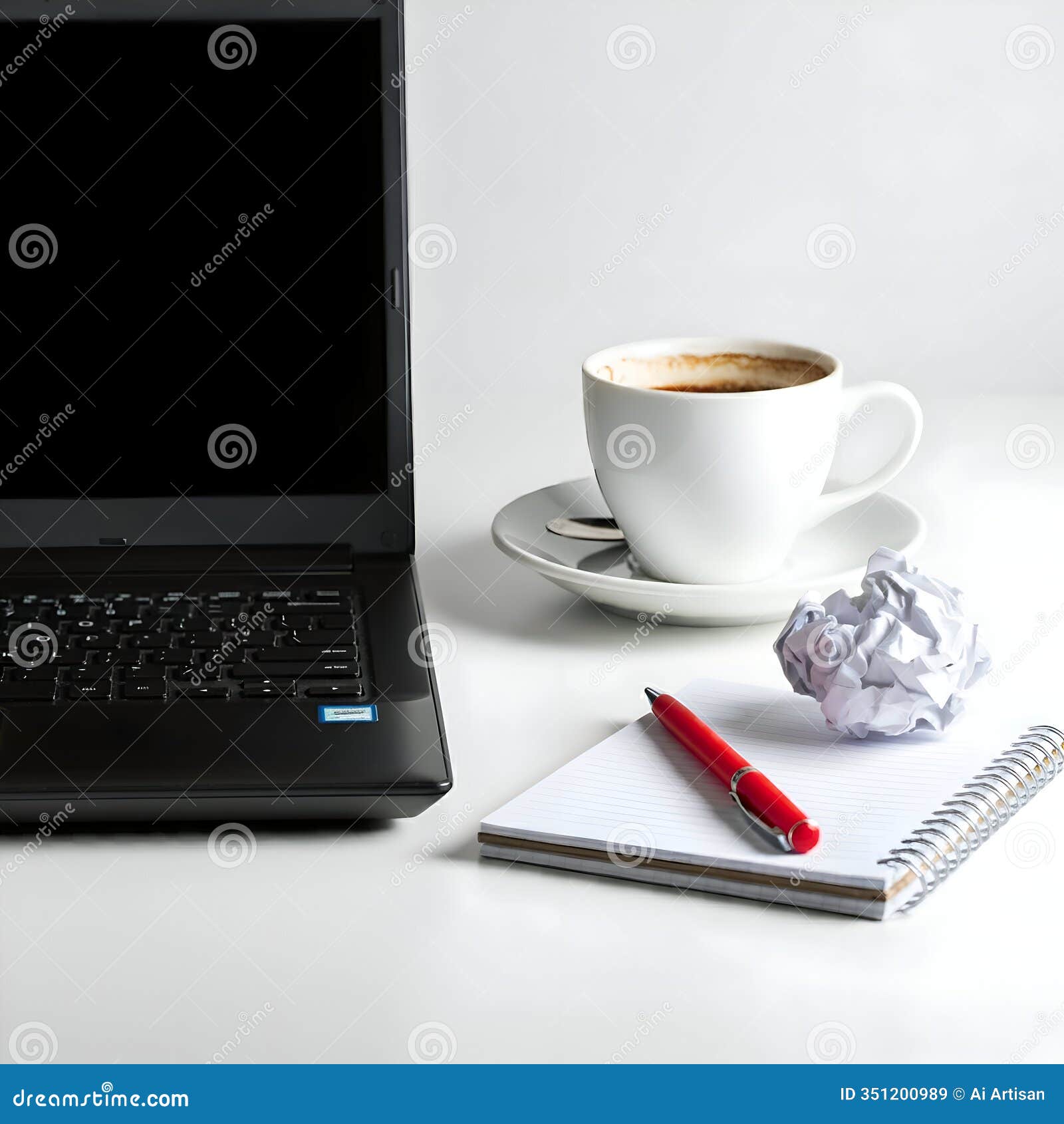 ai generated: laptop, coffee cup, crumpled paper ball, notepad, and pen on a white surface