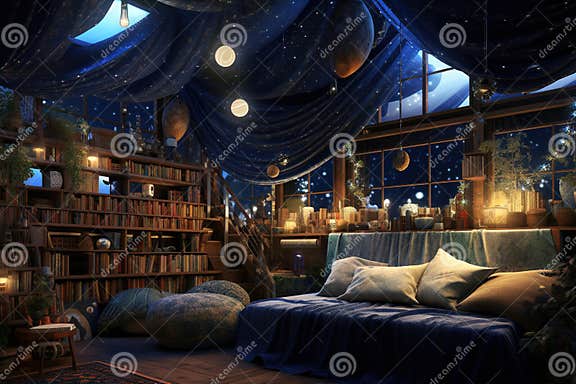 AI Generated Living Space with a Celestial Charm through Starry Night
