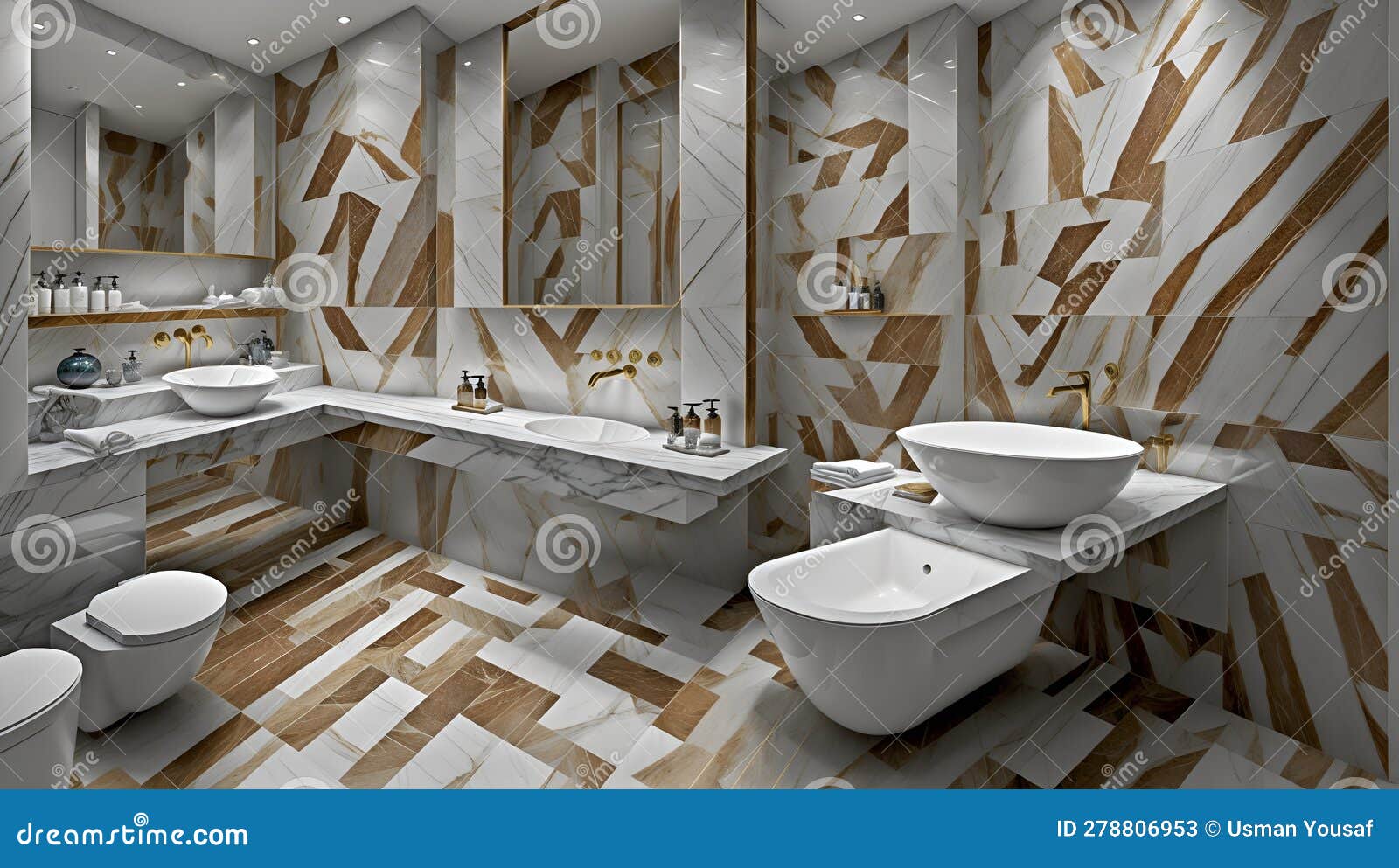 Ai Generated a Modern Bathroom with Double Sinks and Toilets Stock