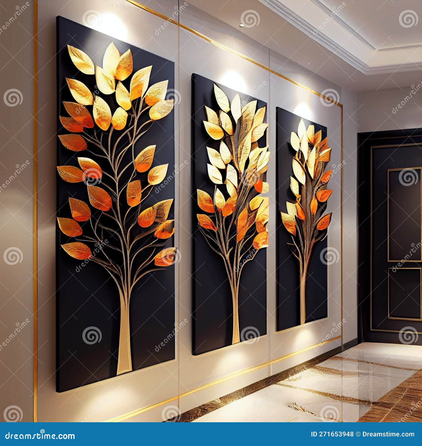 Golden Tree Leaves Wall Decor, Made with Generative AI Stock