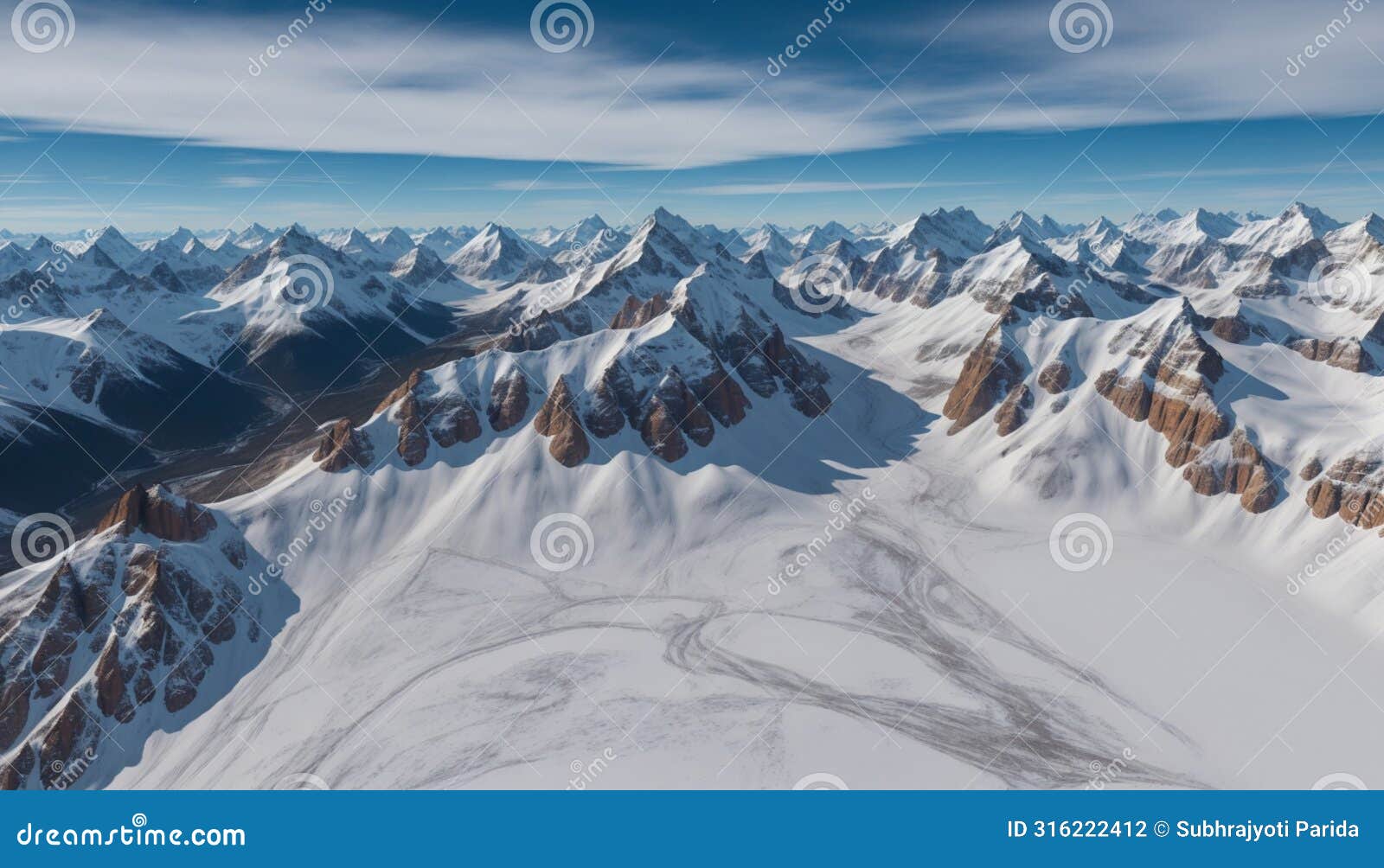 ai generated panoramic image of snow clad mountain range with blue skies at the horizon