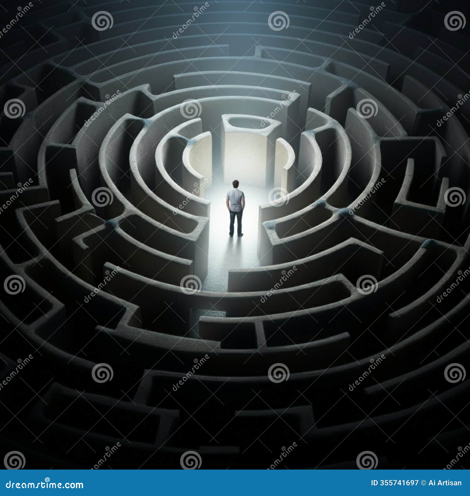 ai-generated person standing at the center of a labyrinth bathed in light - challenges and finding one's path