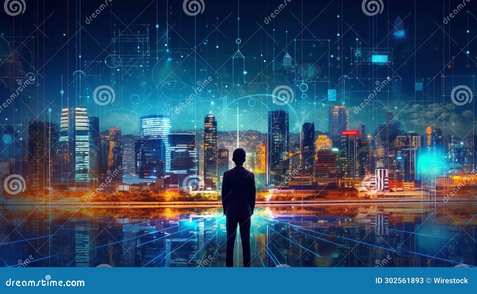 ai generated person stansdng against futuristic digital cityspace