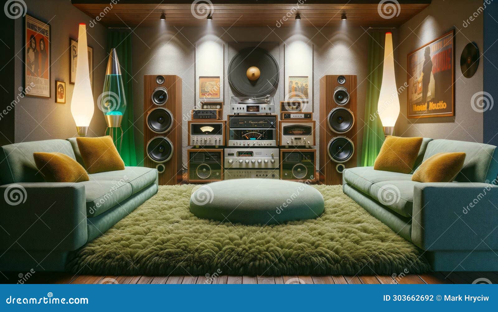 1960 audiophile hi-fi vintage home stereo room tower speakers retro component ai generated home interior