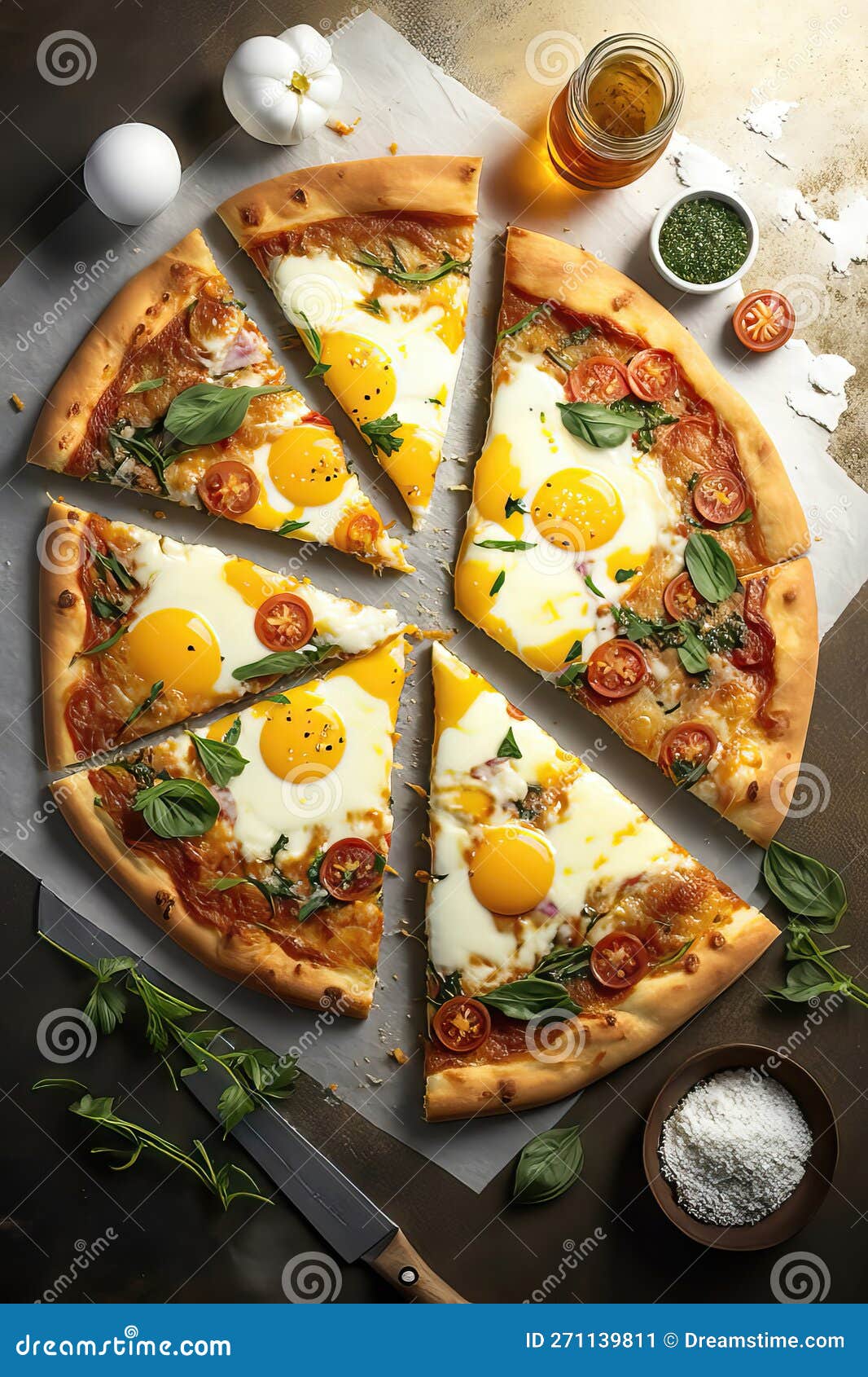 ai generated pizza with egg, mozzarella and basil. breakfast pizza