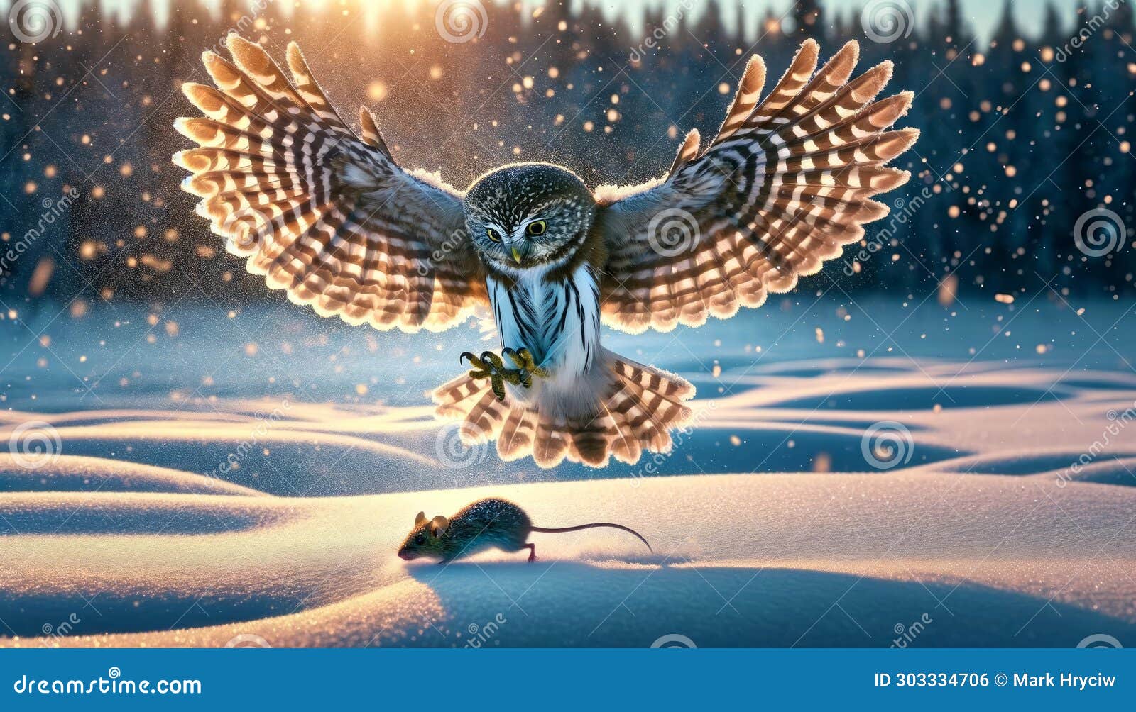 a northern pygmy owl flying low during a heavy snowfall to catch a mouse ai generated